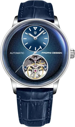 PU Leather Strap 100m Water Resistant (10ATM) Self-Winding Sapphire Crystal Glass (Blue) Pagani Design Men's Automatic Mechanical Watch Exposed Mechanical Movement enzyme souvenir function 42mm 316L Stainless Steel with 