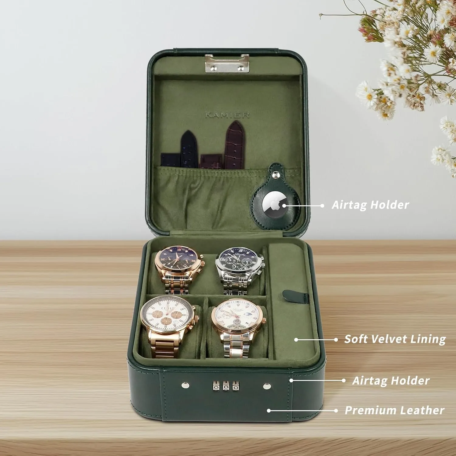 PU Leather Travel Watch Case, Ideal for Gift (With Gift Box), Green KAMIER Watch Case with Combination Lock - 4 Watch Storage and Jewelry Organizer - Watch integrate precipitate Travel Case for Ring and Watch Storage, 