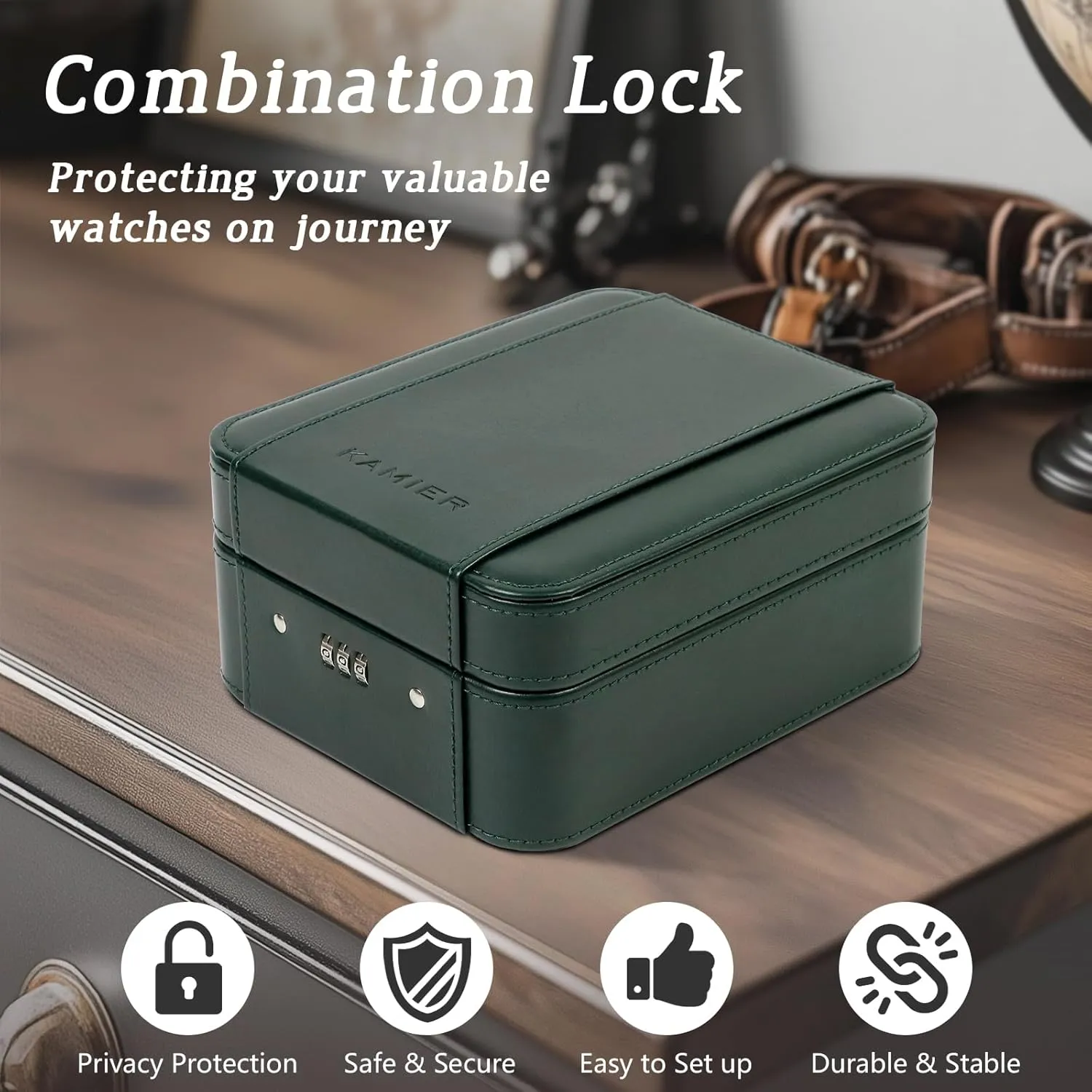 PU Leather Travel Watch Case, Ideal for Gift (With Gift Box), Green KAMIER Watch Case with Combination Lock - 4 Watch Storage and Jewelry Organizer - Watch integrate precipitate Travel Case for Ring and Watch Storage, 