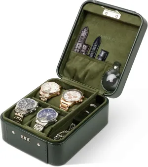 PU Leather Travel Watch Case, Ideal for Gift (With Gift Box), Green KAMIER Watch Case with Combination Lock - 4 Watch Storage and Jewelry Organizer - Watch integrate precipitate Travel Case for Ring and Watch Storage, 