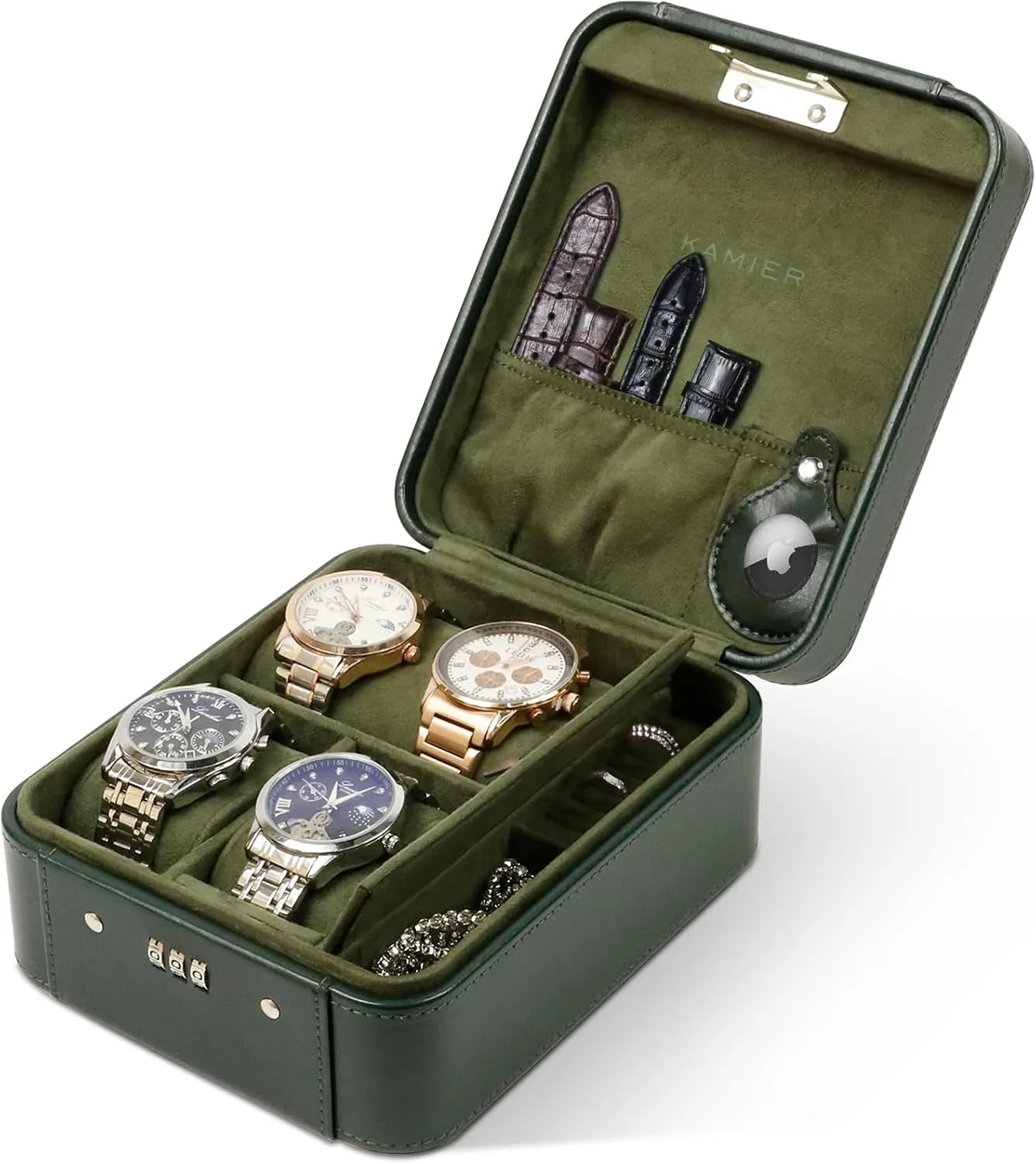 PU Leather Travel Watch Case, Ideal for Gift (With Gift Box), Green KAMIER Watch Case with Combination Lock - 4 Watch Storage and Jewelry Organizer - Watch integrate precipitate Travel Case for Ring and Watch Storage, 