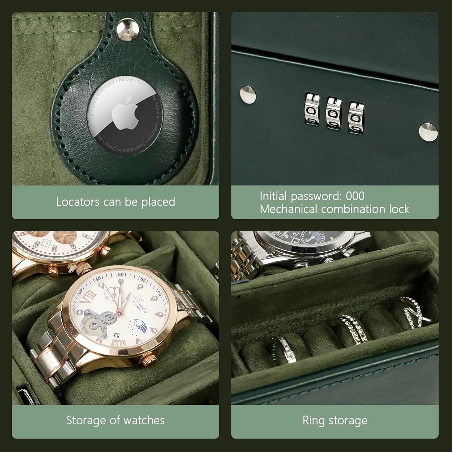 PU Leather Travel Watch Case, Ideal for Gift (With Gift Box), Green KAMIER Watch Case with Combination Lock - 4 Watch Storage and Jewelry Organizer - Watch integrate precipitate Travel Case for Ring and Watch Storage, 
