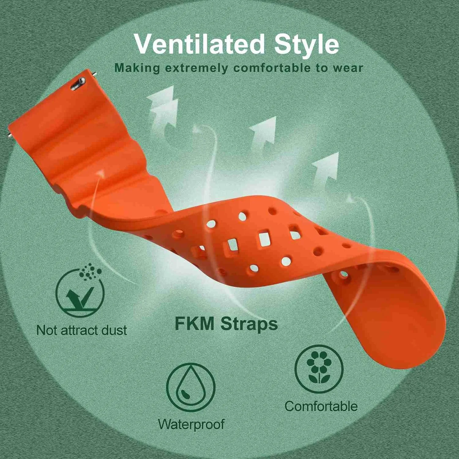 (Pumpkin Orange) WOCCI inspiration nominate 22mm Ventilated Watch Band for Men, FKM Rubber, Silver Buckle 