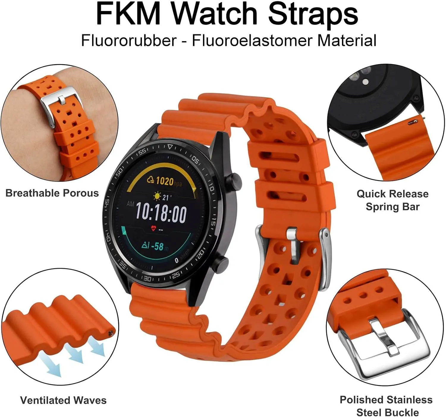 (Pumpkin Orange) WOCCI inspiration nominate 22mm Ventilated Watch Band for Men, FKM Rubber, Silver Buckle 