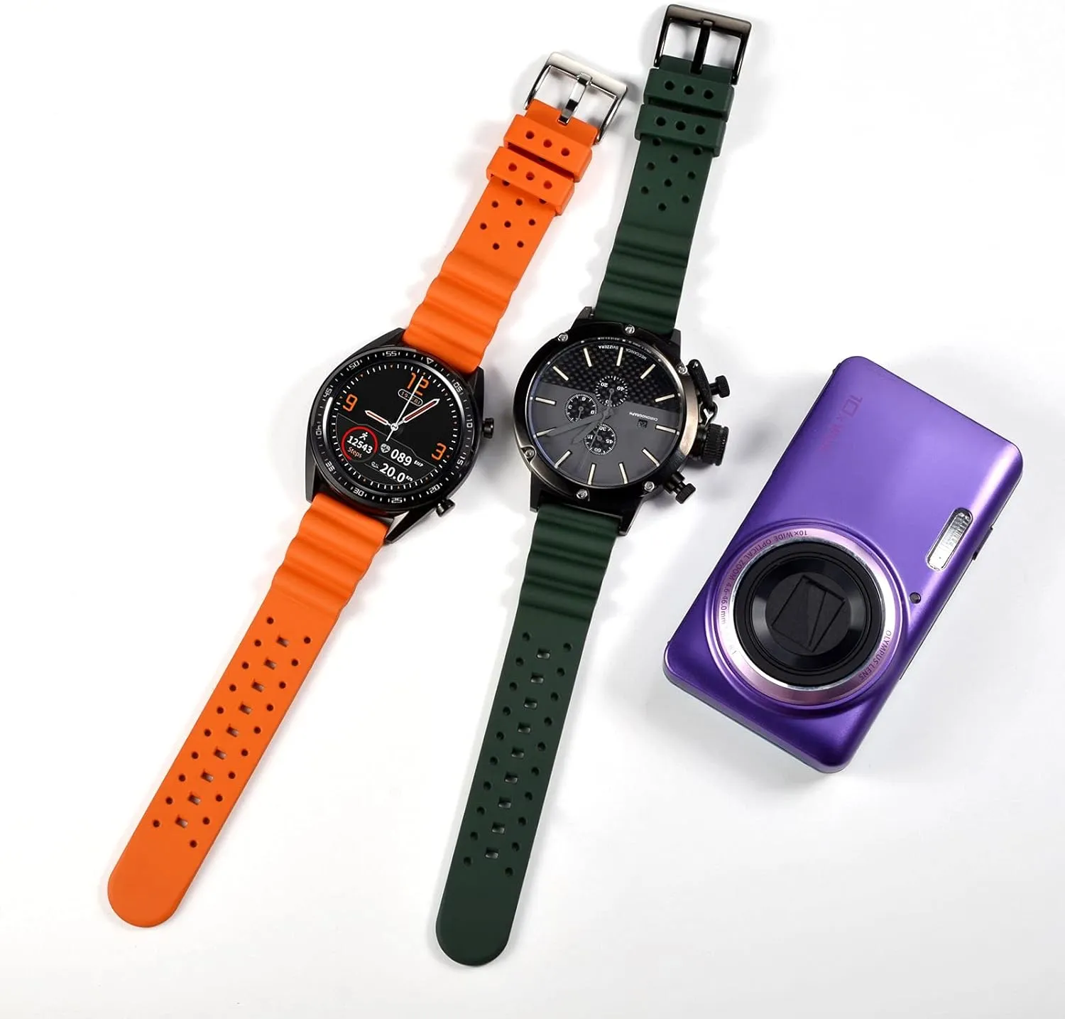 (Pumpkin Orange) WOCCI inspiration nominate 22mm Ventilated Watch Band for Men, FKM Rubber, Silver Buckle 