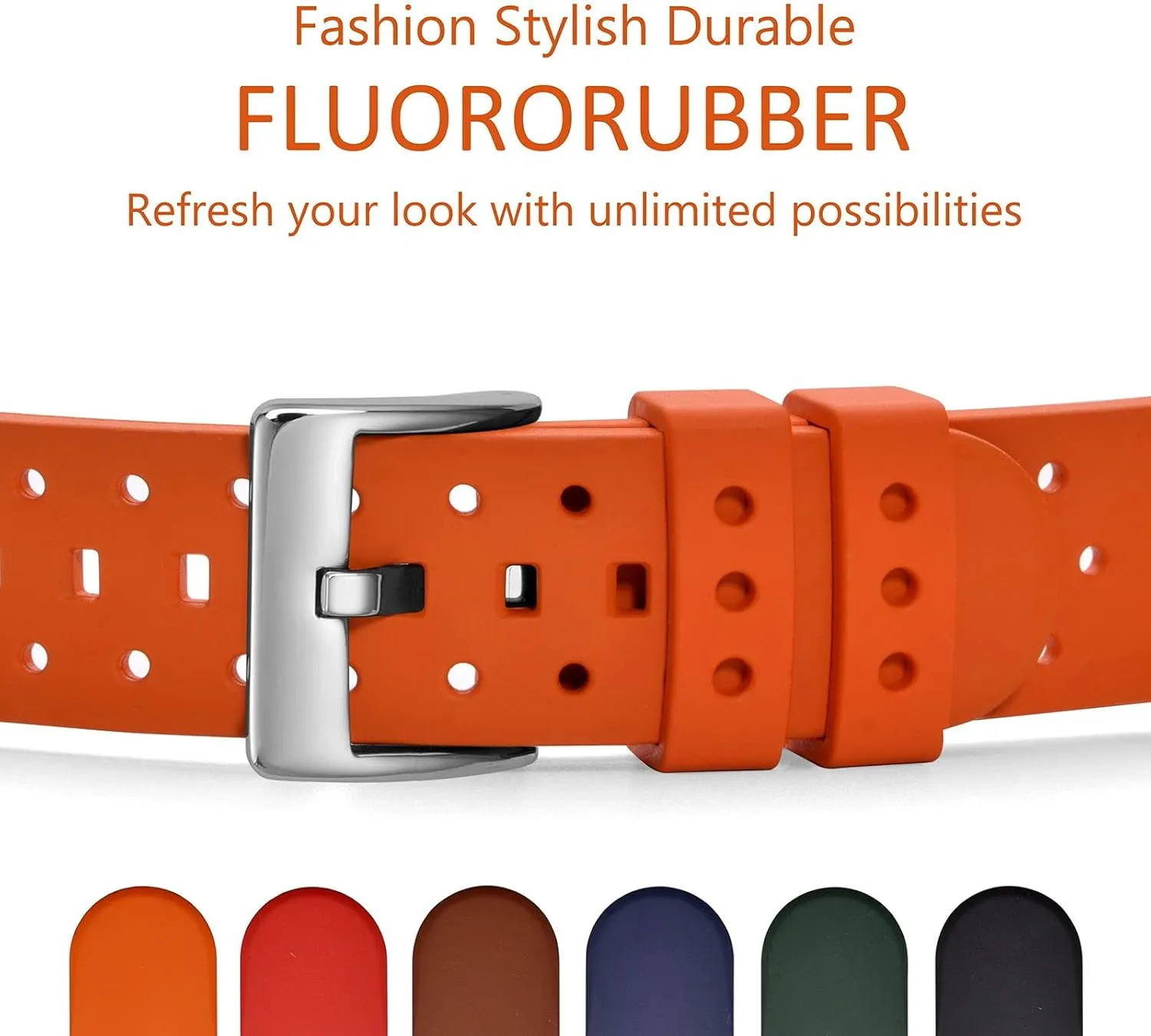 (Pumpkin Orange) WOCCI inspiration nominate 22mm Ventilated Watch Band for Men, FKM Rubber, Silver Buckle 