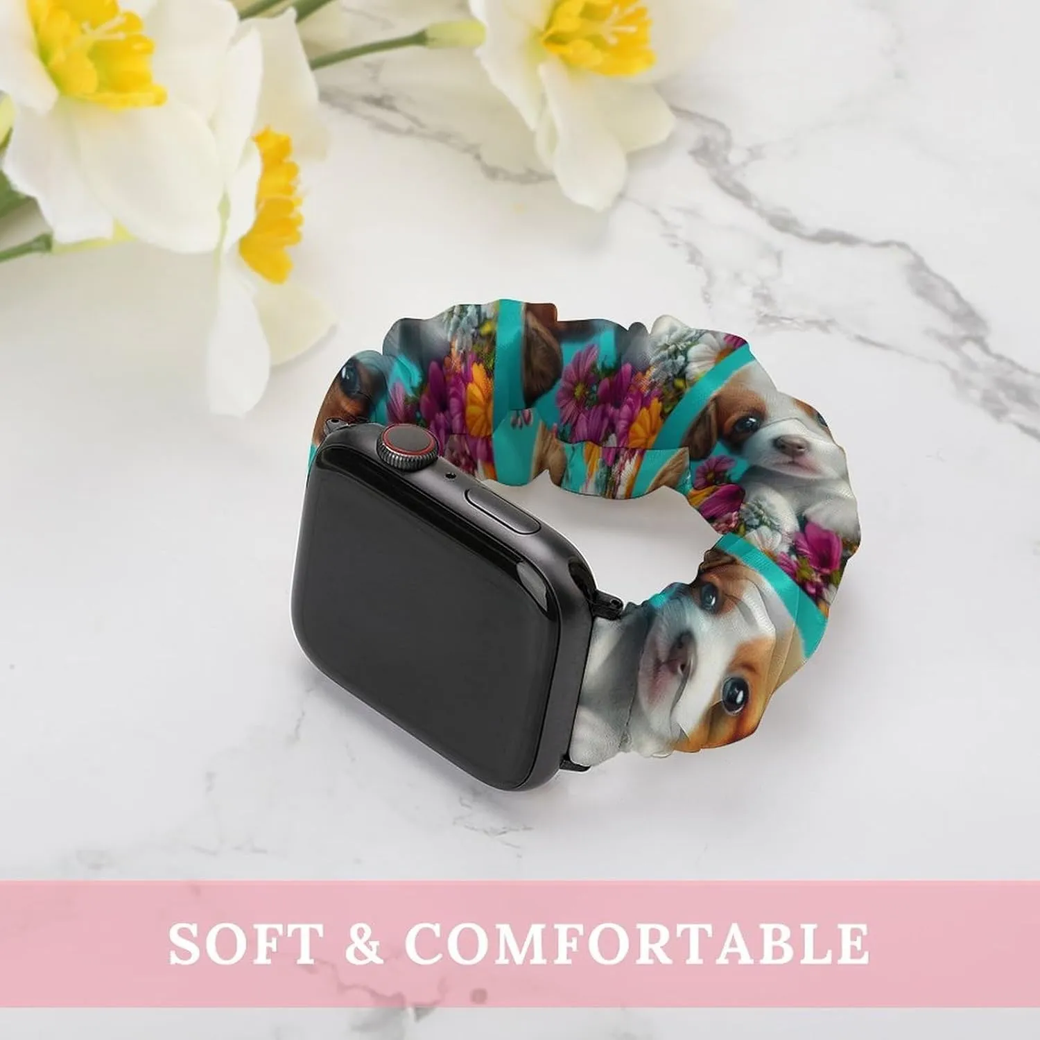 Puppy in A Flower Watch Bands Elastic application internal Straps Wristbands Replacement Sports Strap Compatible with Apple Watch Cute 