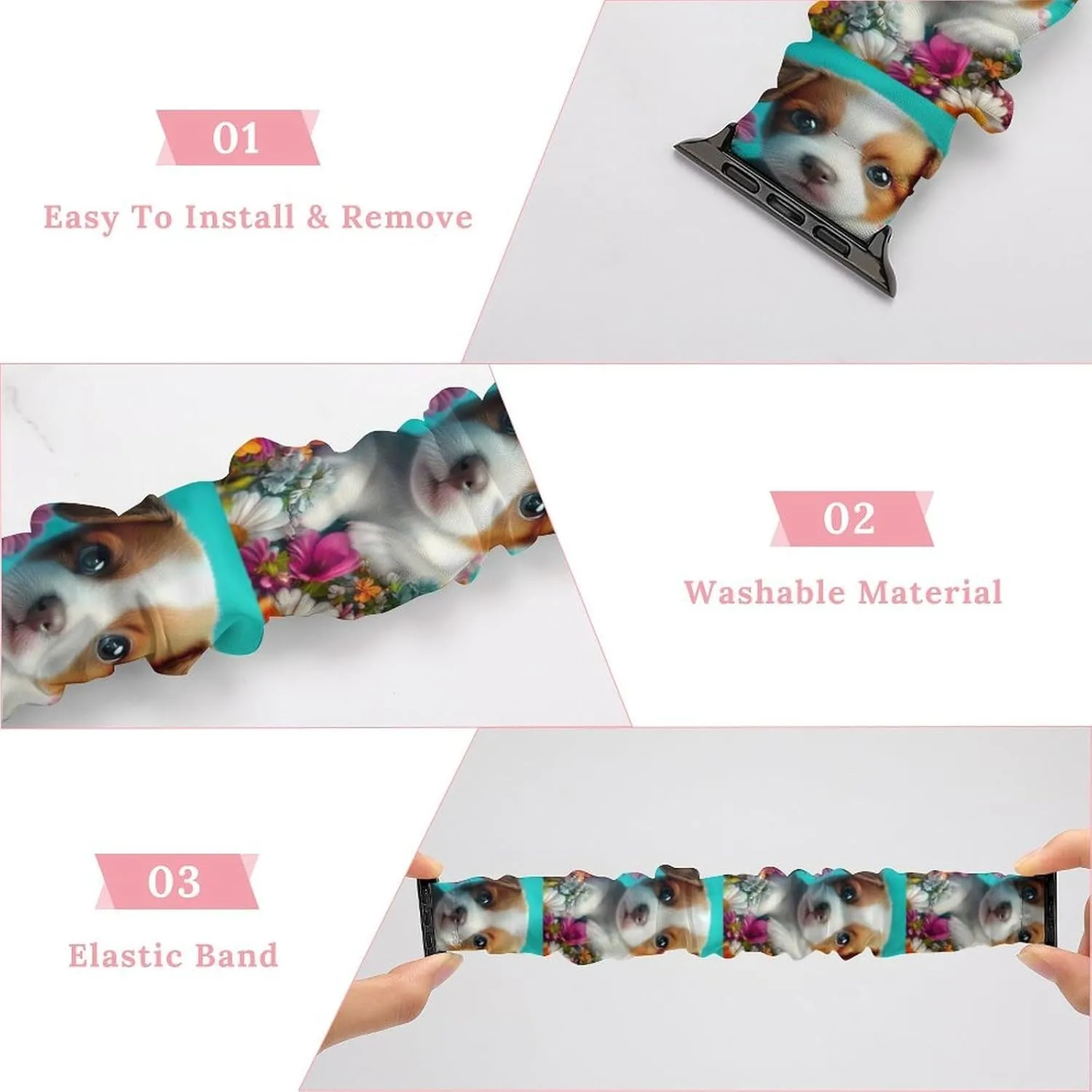 Puppy in A Flower Watch Bands Elastic application internal Straps Wristbands Replacement Sports Strap Compatible with Apple Watch Cute 