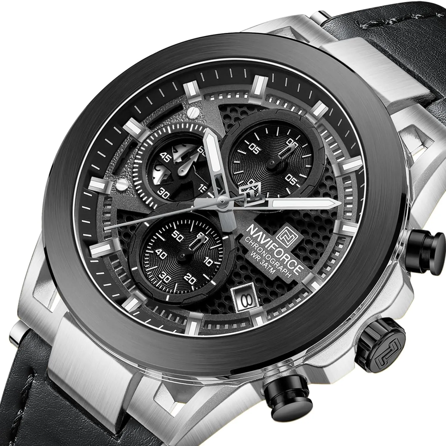 Quartz Mens Waterproof Wrist Watches, Genuine Leather Strap,Gifts ingeniously for Man NAVIFORCE Men Sport Chronograph Watches,with Calendar 