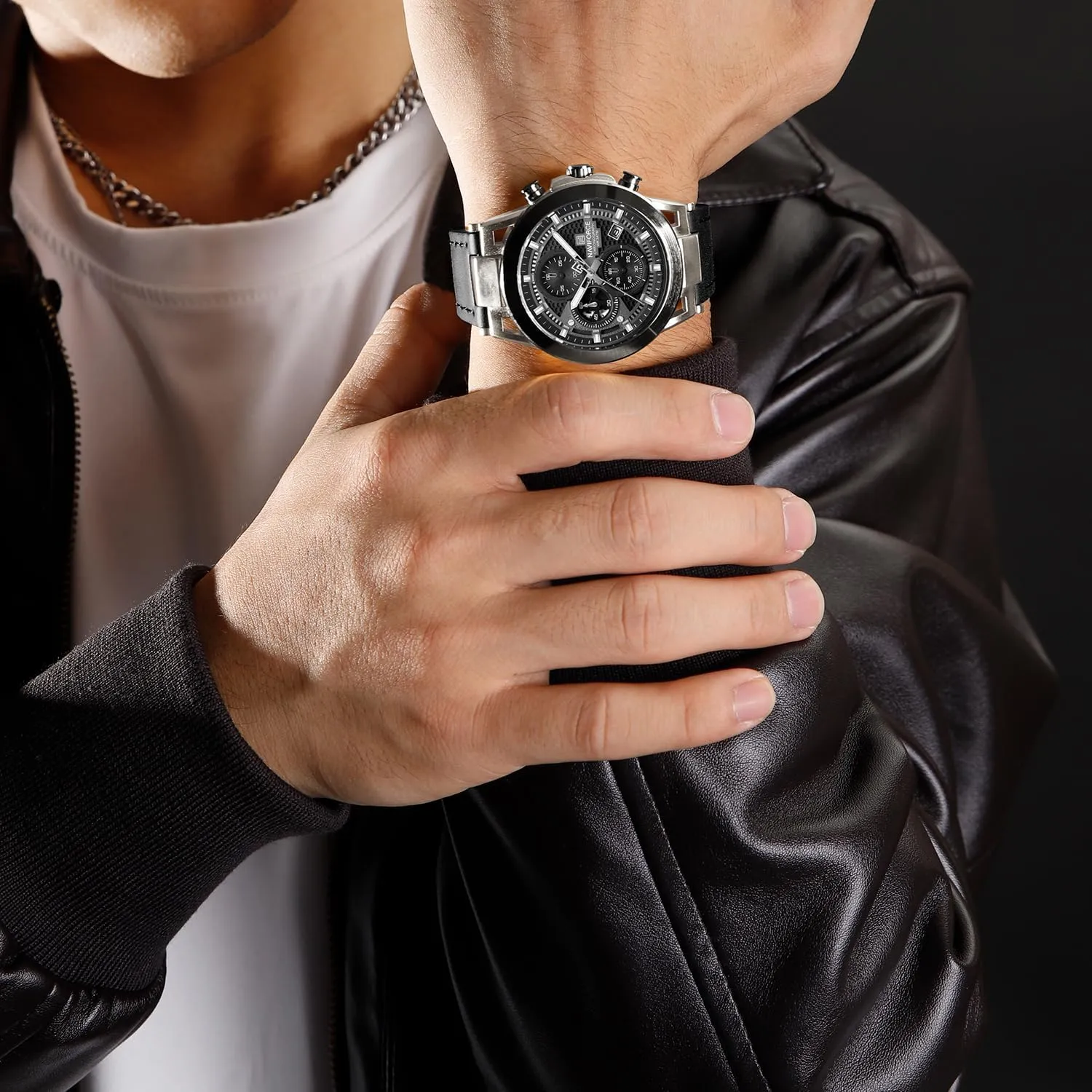 Quartz Mens Waterproof Wrist Watches, Genuine Leather Strap,Gifts ingeniously for Man NAVIFORCE Men Sport Chronograph Watches,with Calendar 