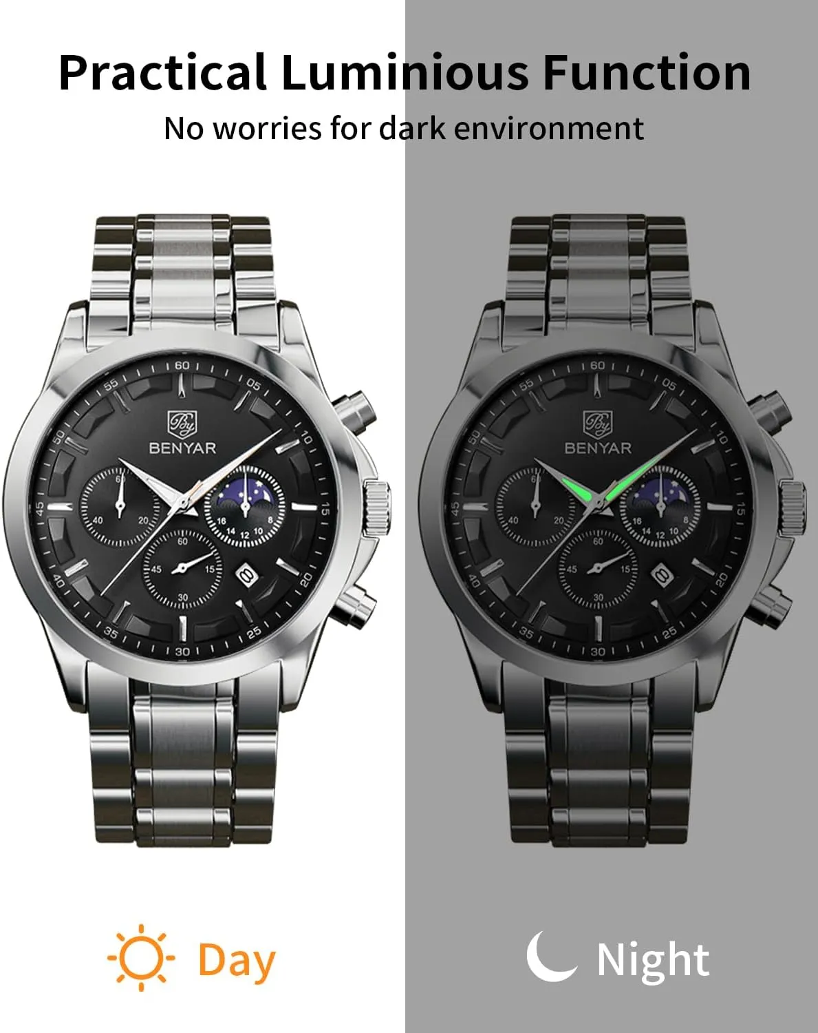 Quartz Movement Chronograph Stylish Casual Wristwatch with Stainless Steel Bracelets Waterproof Luminous Date Watches Elegant Gift for yellowstone agreeable Men BENYAR Mens Watch Analog 