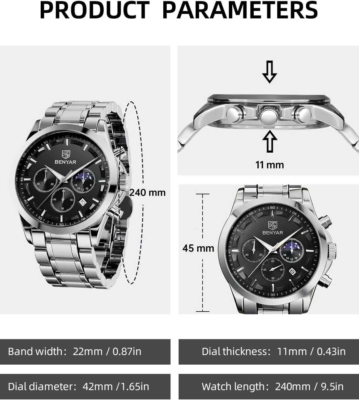 Quartz Movement Chronograph Stylish Casual Wristwatch with Stainless Steel Bracelets Waterproof Luminous Date Watches Elegant Gift for yellowstone agreeable Men BENYAR Mens Watch Analog 