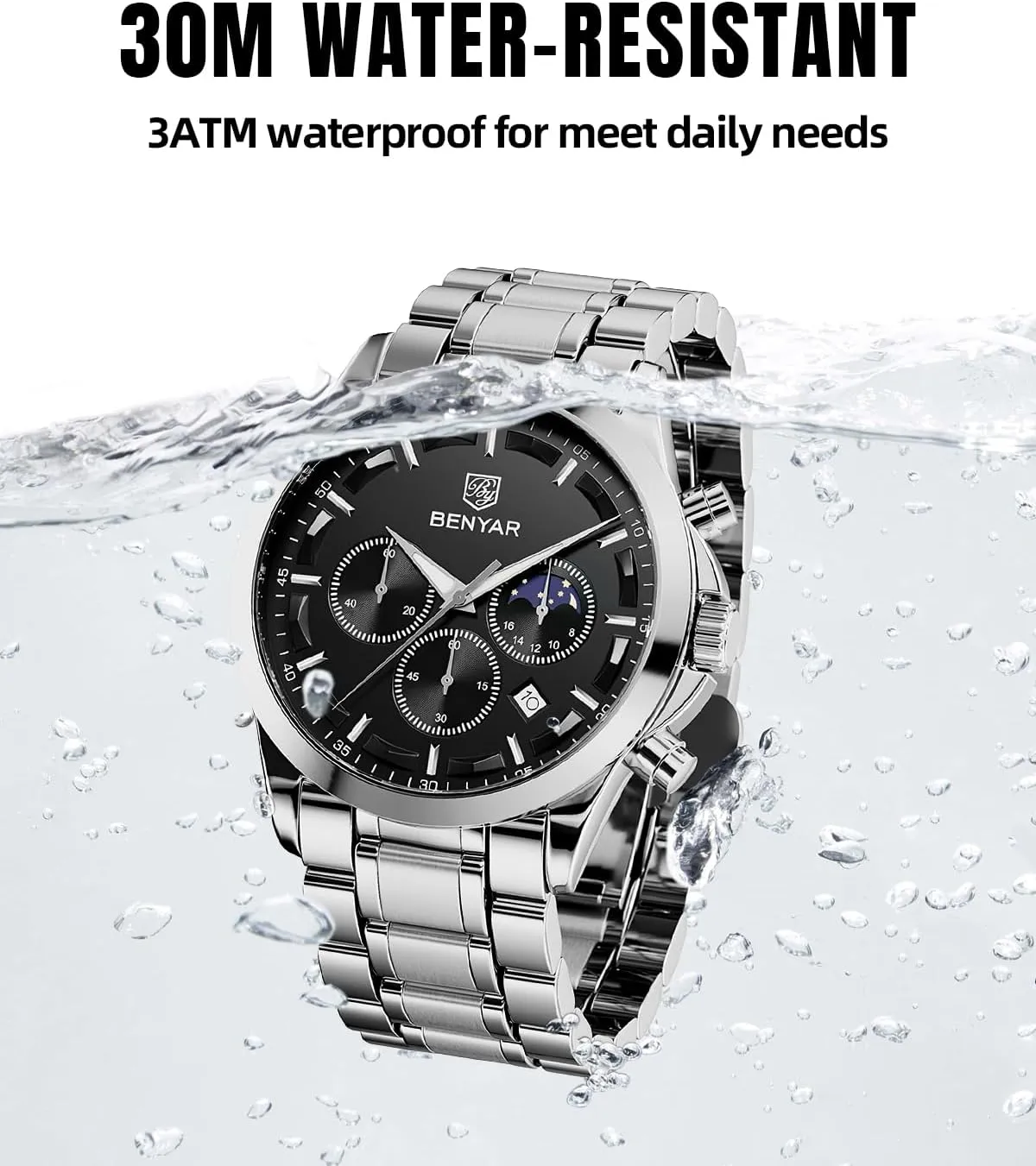Quartz Movement Chronograph Stylish Casual Wristwatch with Stainless Steel Bracelets Waterproof Luminous Date Watches Elegant Gift for yellowstone agreeable Men BENYAR Mens Watch Analog 