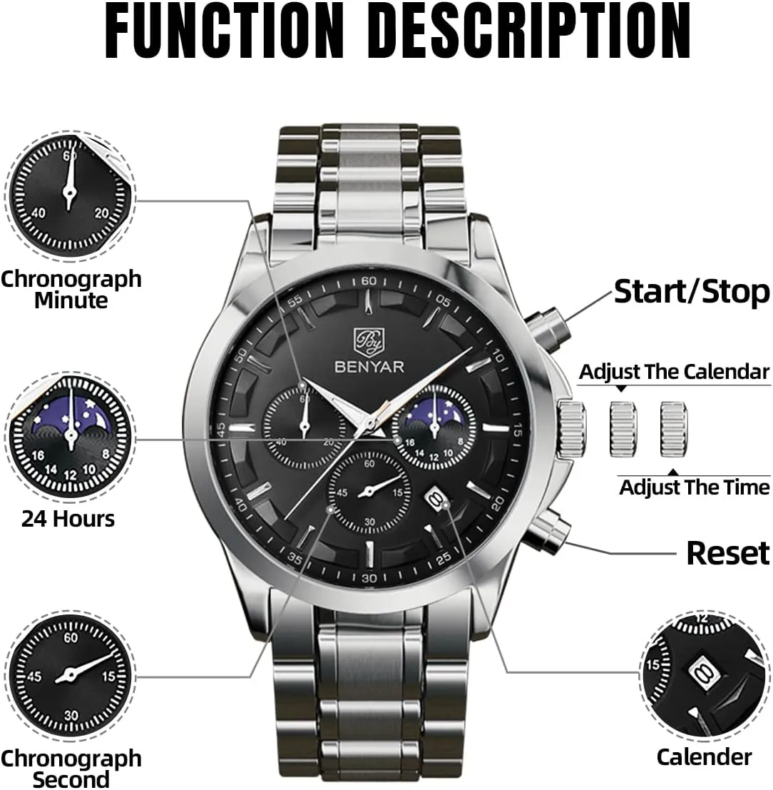 Quartz Movement Chronograph Stylish Casual Wristwatch with Stainless Steel Bracelets Waterproof Luminous Date Watches Elegant Gift for yellowstone agreeable Men BENYAR Mens Watch Analog 