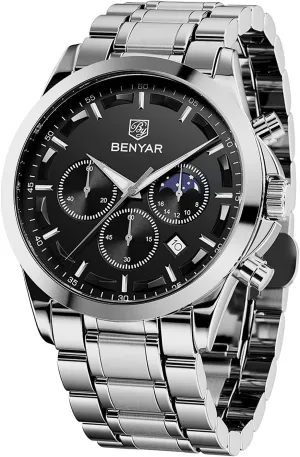 Quartz Movement Chronograph Stylish Casual Wristwatch with Stainless Steel Bracelets Waterproof Luminous Date Watches Elegant Gift for yellowstone agreeable Men BENYAR Mens Watch Analog 