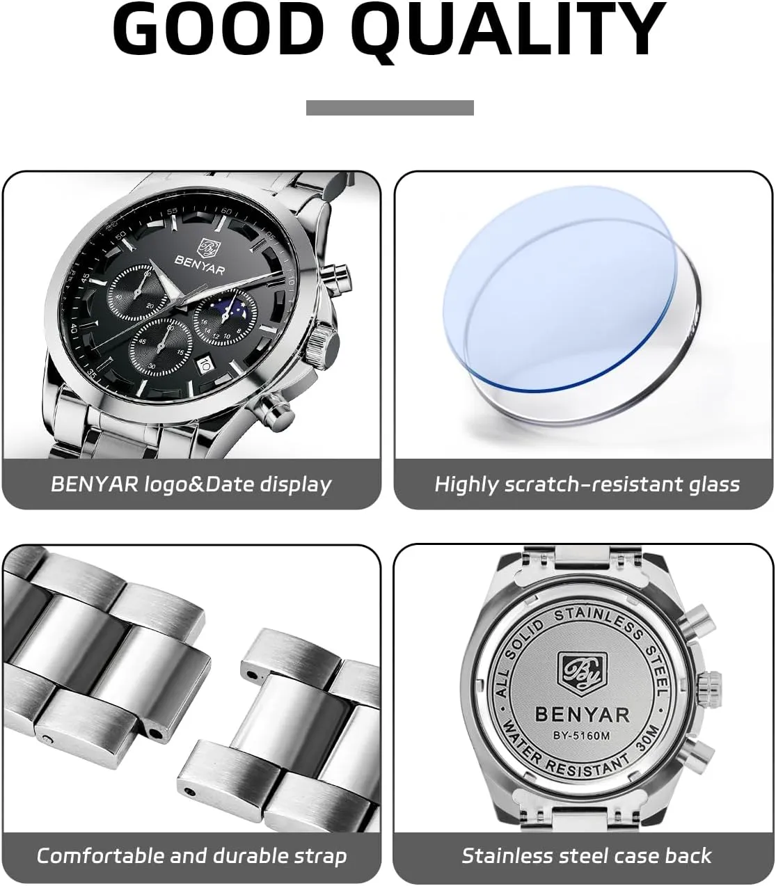 Quartz Movement Chronograph Stylish Casual Wristwatch with Stainless Steel Bracelets Waterproof Luminous Date Watches Elegant Gift for yellowstone agreeable Men BENYAR Mens Watch Analog 