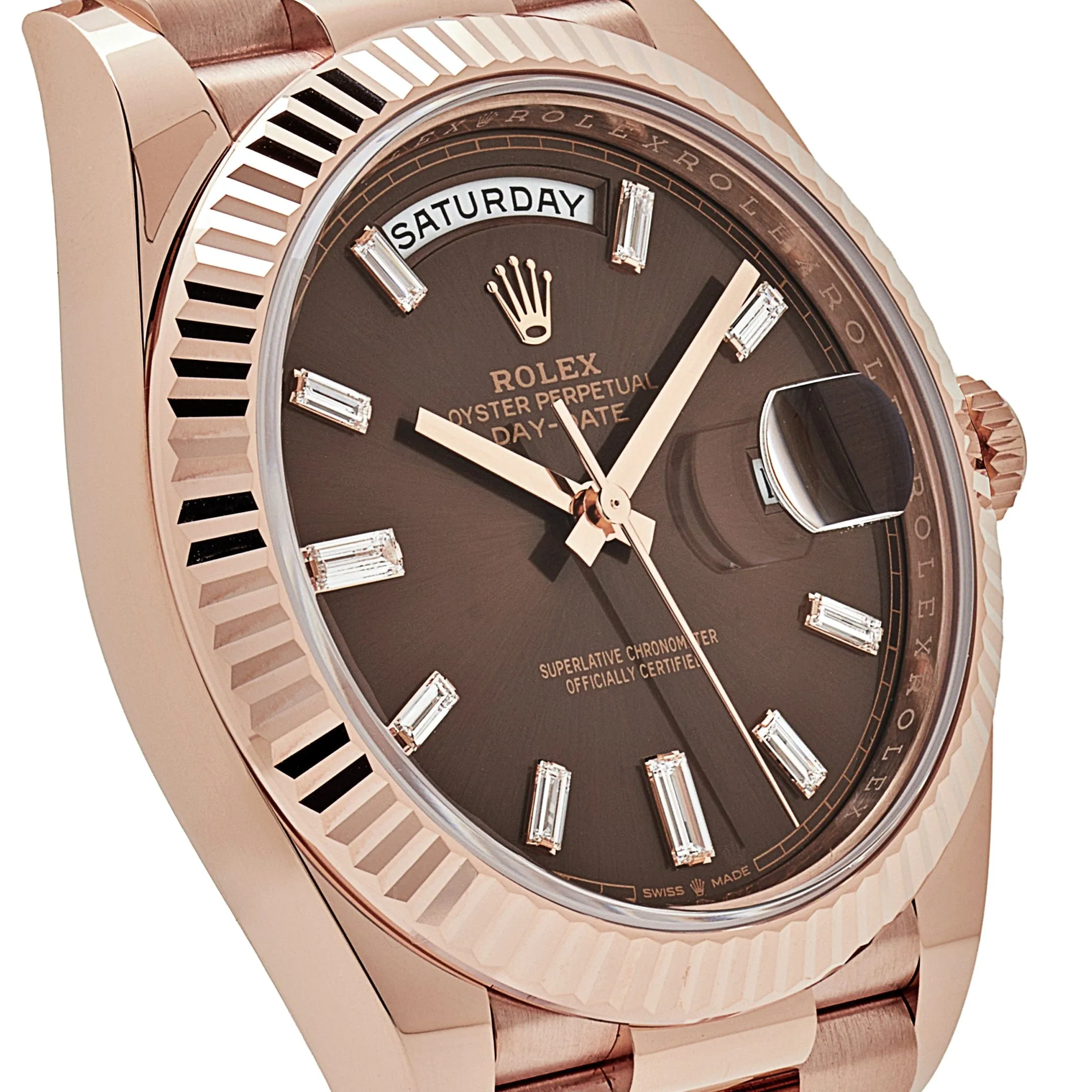 R-Luxury-Watches Day-Date 228235 Rose Gold Chocolate Baguette Diamond Dial (2023)