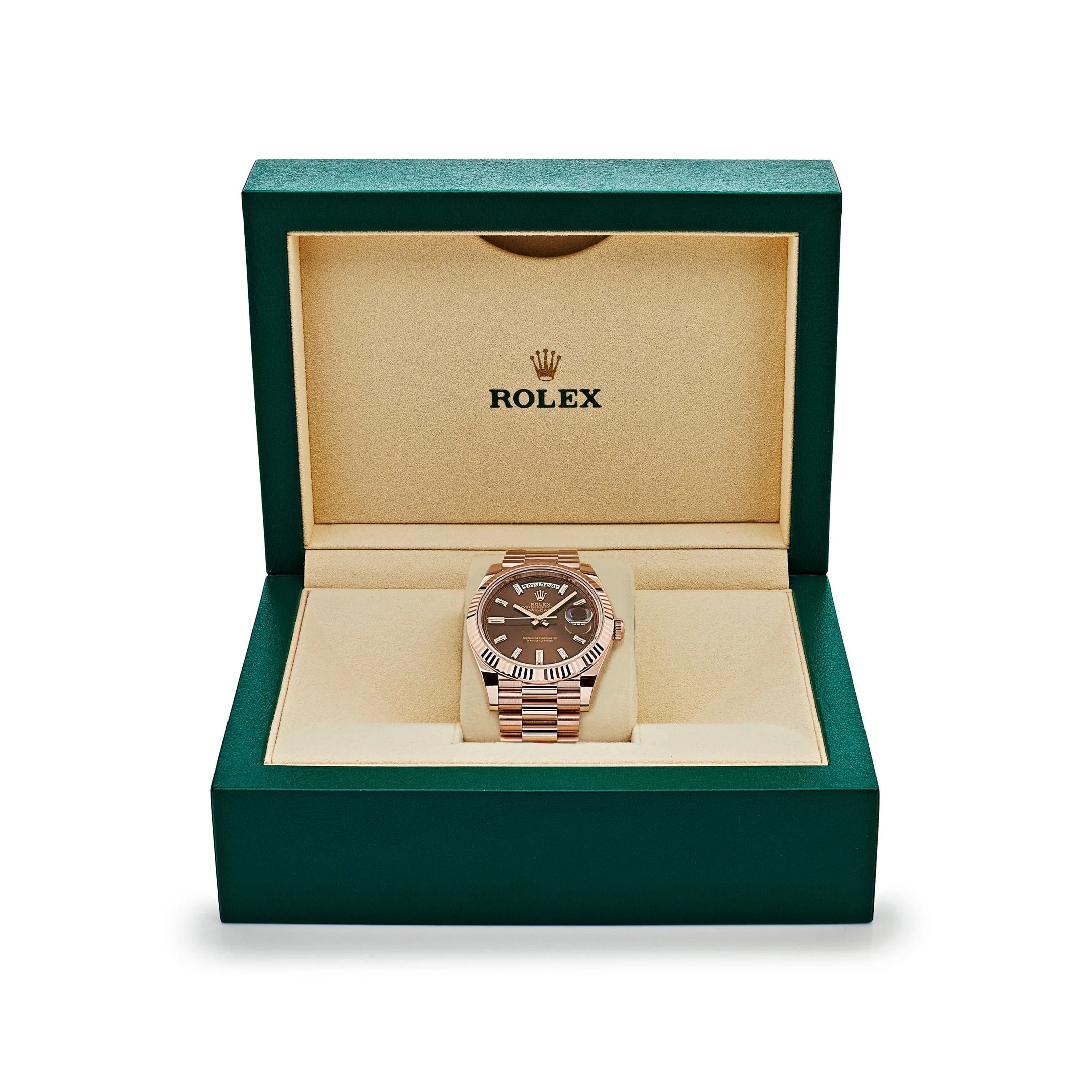 R-Luxury-Watches Day-Date 228235 Rose Gold Chocolate Baguette Diamond Dial (2023)