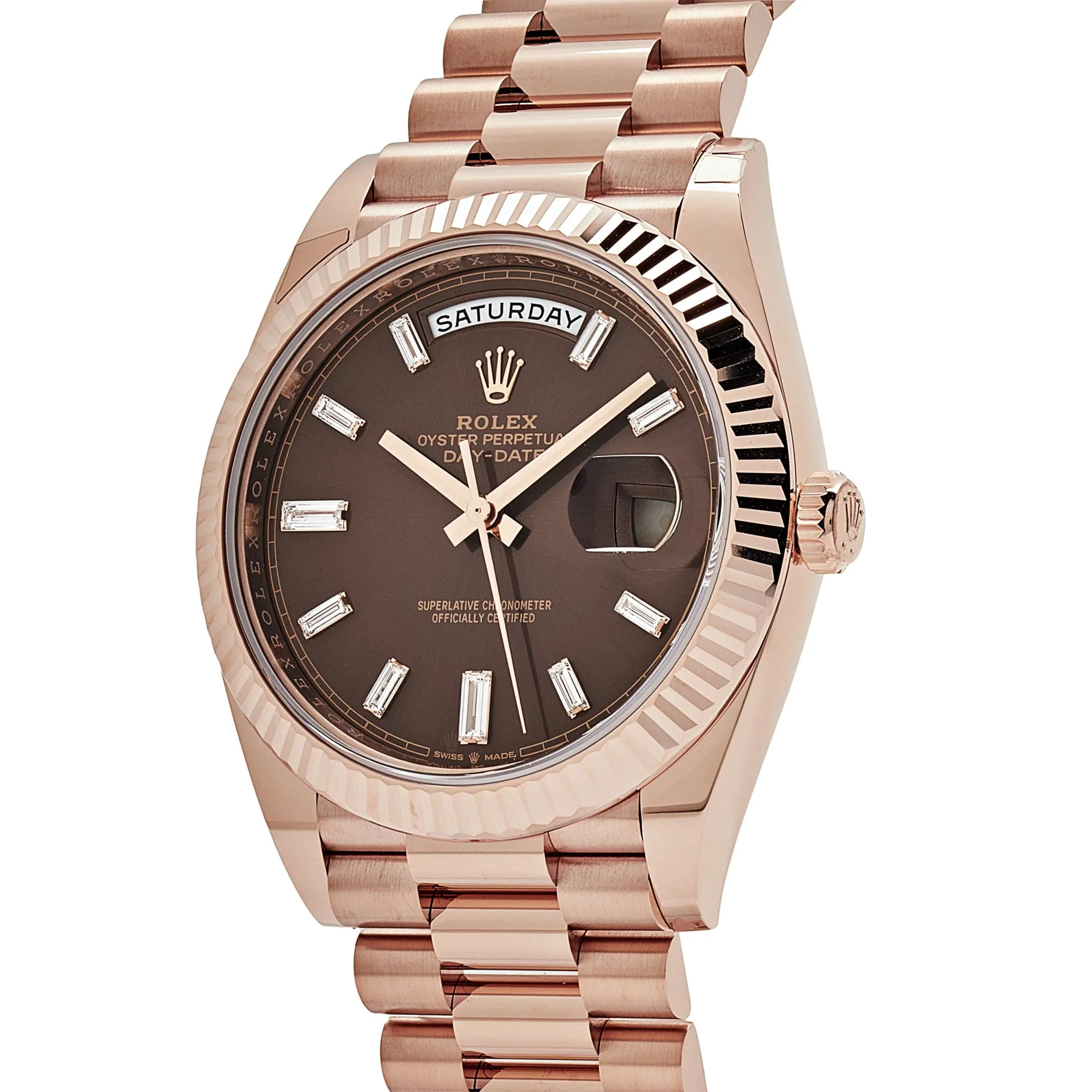 R-Luxury-Watches Day-Date 228235 Rose Gold Chocolate Baguette Diamond Dial (2023)