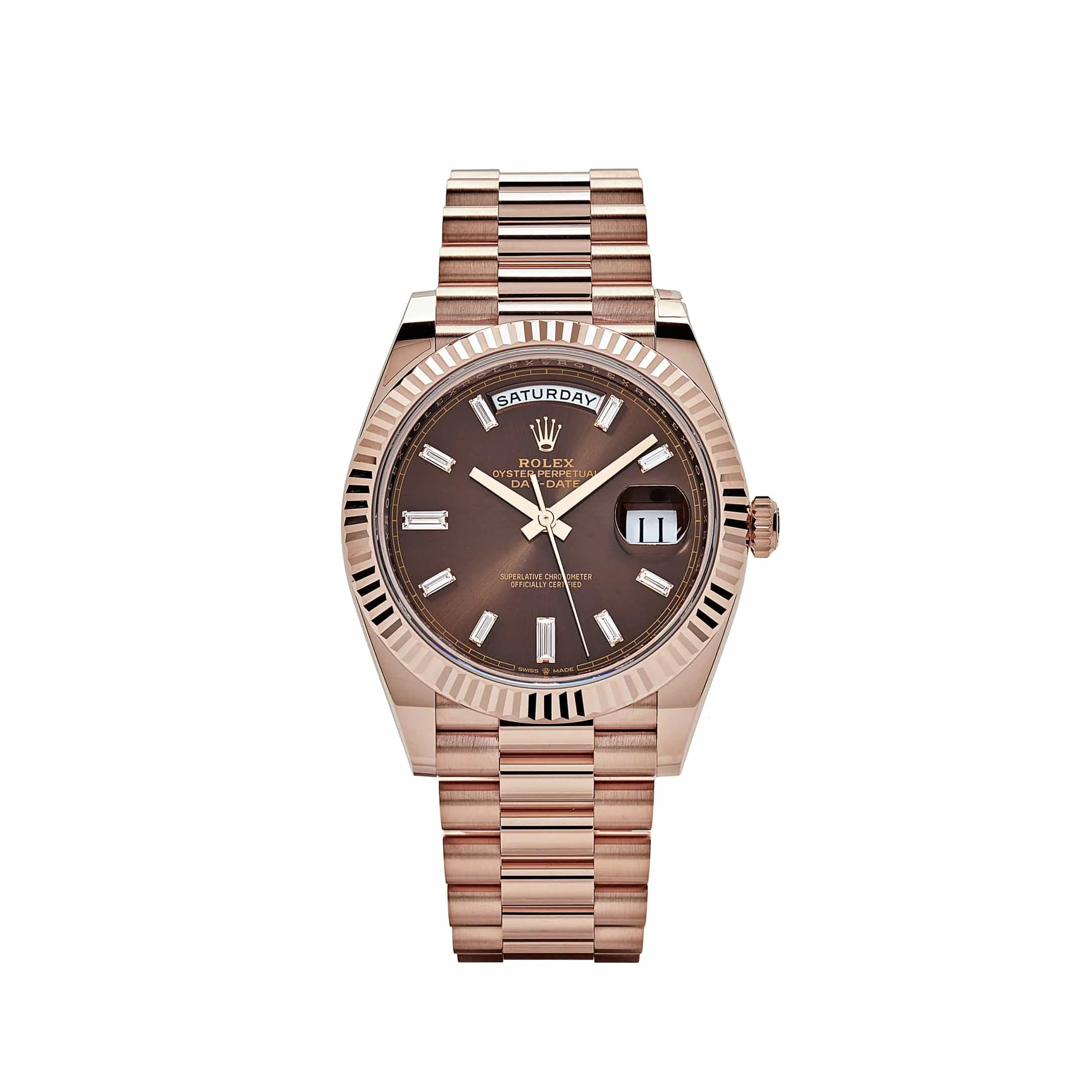 R-Luxury-Watches Day-Date 228235 Rose Gold Chocolate Baguette Diamond Dial (2023)