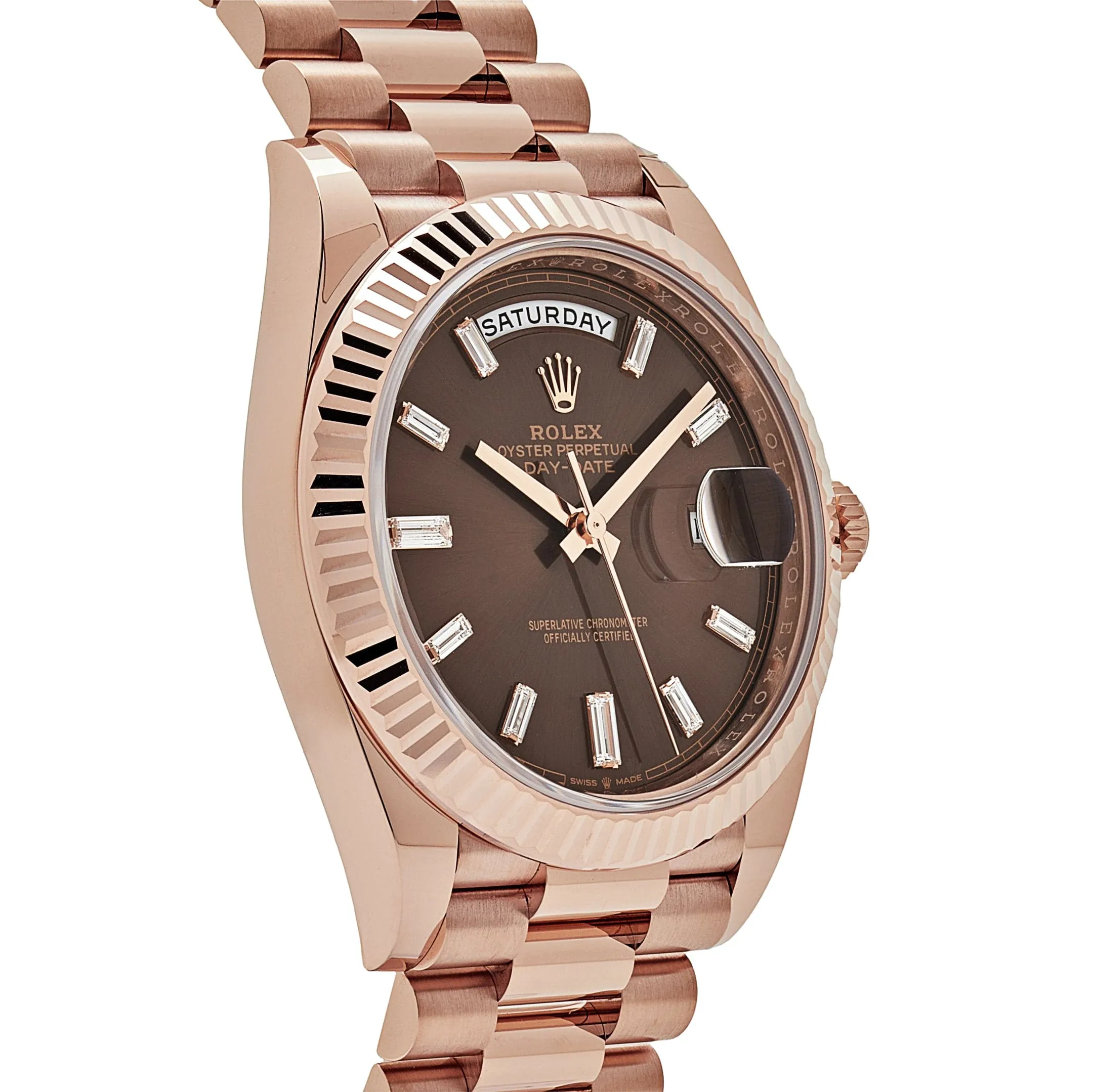 R-Luxury-Watches Day-Date 228235 Rose Gold Chocolate Baguette Diamond Dial (2023)