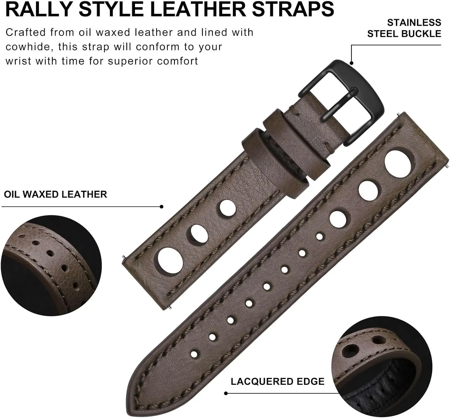Rally Watch Bands, compress Leather Watch Straps for Men, 18mm, 20mm, 22mm BISONSTRAP 