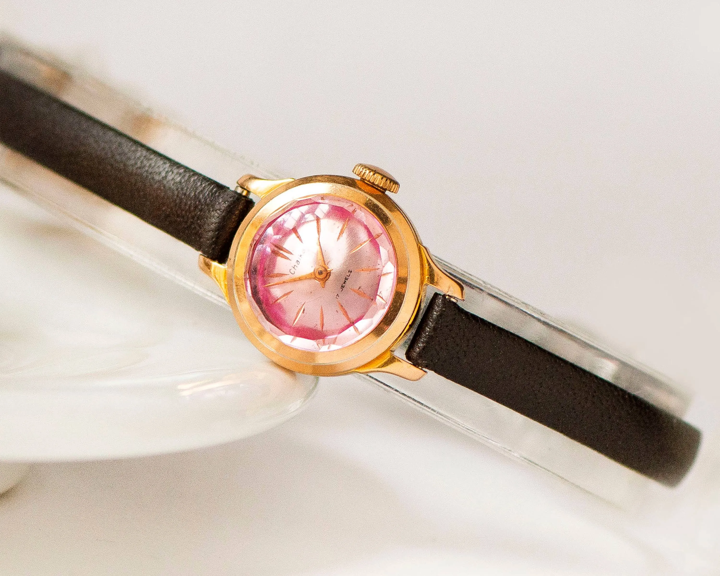 Rare women wristwatch Seagull gold plated, pink angular cover chic watch jewelry gift, micro watch small wrist, new premium leather strap