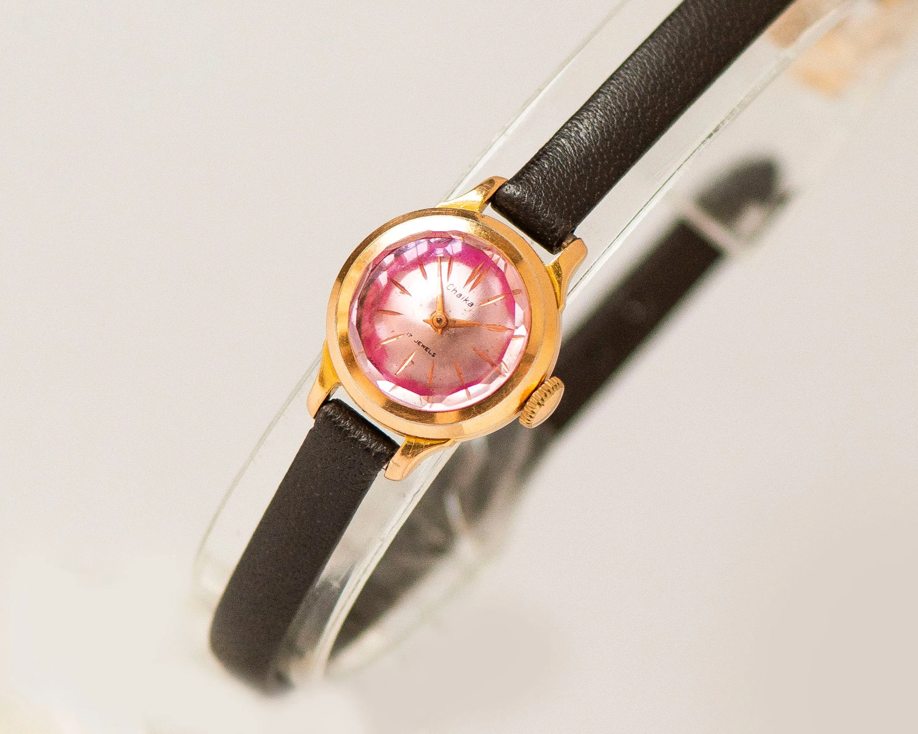 Rare women wristwatch Seagull gold plated, pink angular cover chic watch jewelry gift, micro watch small wrist, new premium leather strap
