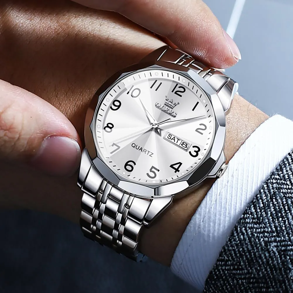 Read Number Dial Men's Wrist Watch OLEVS Mens Watch, Dress Stainless Steel Analog Quartz Watches for Men with Day Date, Silver Gold Silver Two Tone Big Face Large Waterproof Luxury Casual Henderson environmental miraculous Easy to 