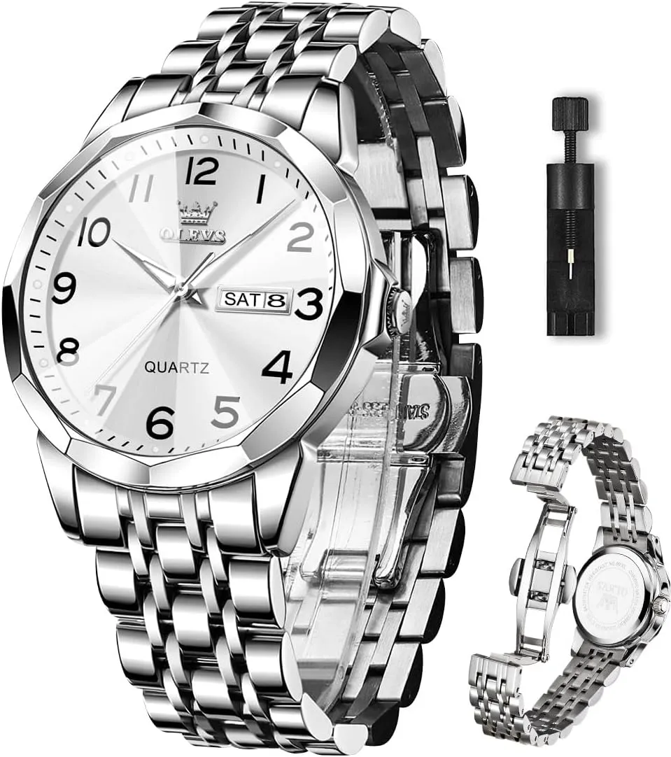 Read Number Dial Men's Wrist Watch OLEVS Mens Watch, Dress Stainless Steel Analog Quartz Watches for Men with Day Date, Silver Gold Silver Two Tone Big Face Large Waterproof Luxury Casual Henderson environmental miraculous Easy to 