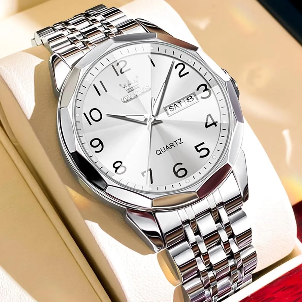 Read Number Dial Men's Wrist Watch OLEVS Mens Watch, Dress Stainless Steel Analog Quartz Watches for Men with Day Date, Silver Gold Silver Two Tone Big Face Large Waterproof Luxury Casual Henderson environmental miraculous Easy to 