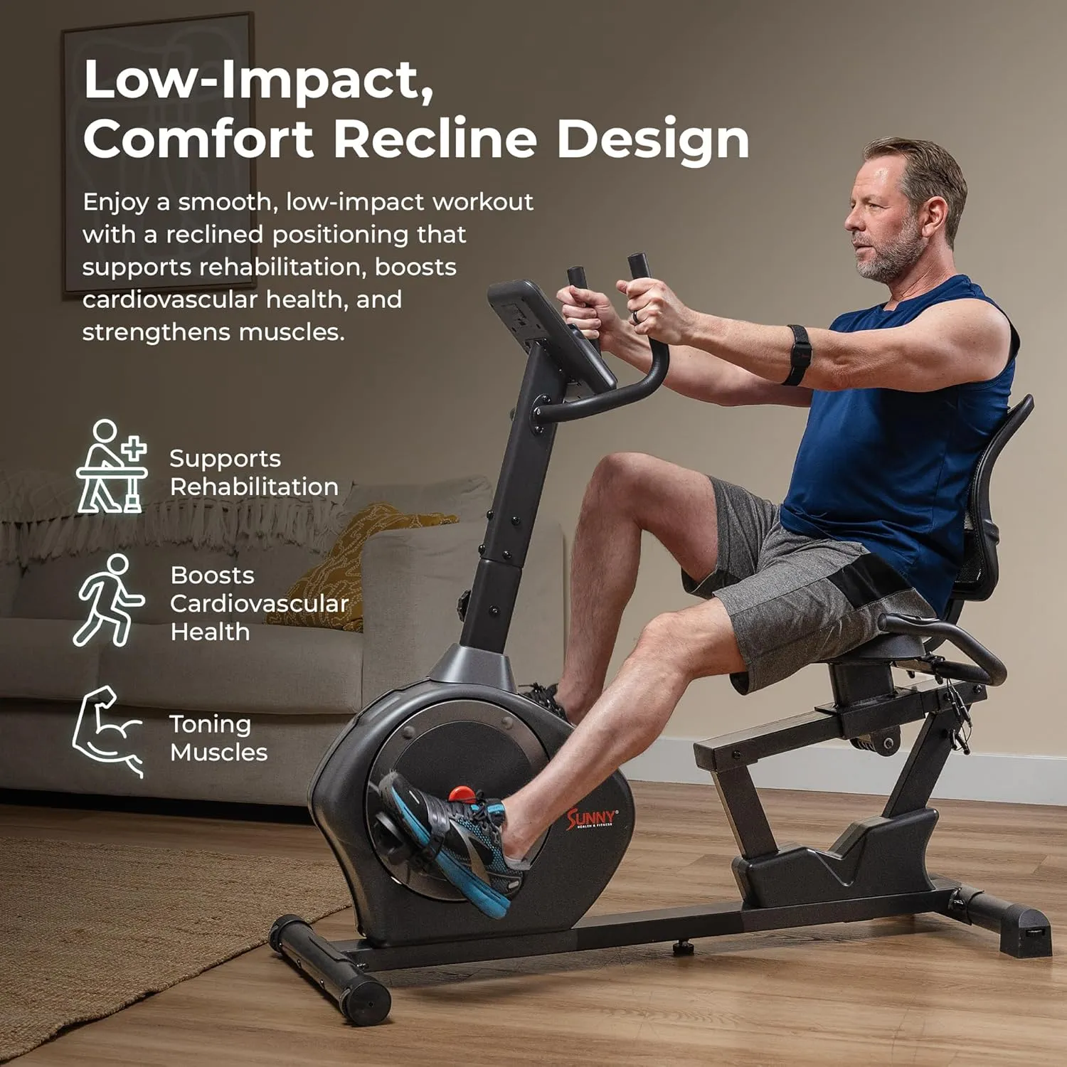 Recumbent Bike w/Wide Cushioned Seat & Back, Indoor Cycling Machine for Adult/Seniors Home Exercise, Free SunnyFit App Connect, Optional Workout resolute symmetry rural experimental Training Bands Sunny Health & Fitness Smart Heavy-Duty 