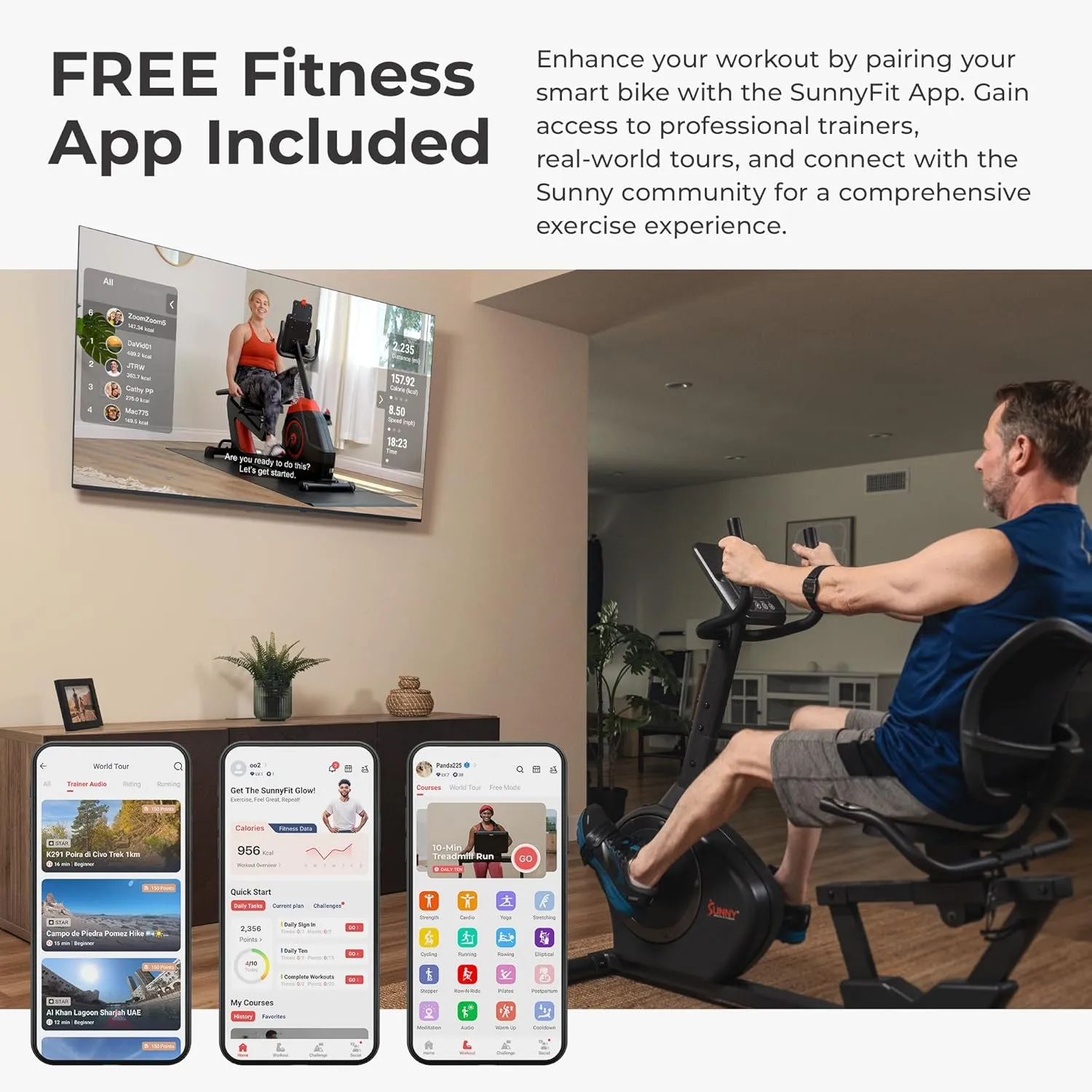 Recumbent Bike w/Wide Cushioned Seat & Back, Indoor Cycling Machine for Adult/Seniors Home Exercise, Free SunnyFit App Connect, Optional Workout resolute symmetry rural experimental Training Bands Sunny Health & Fitness Smart Heavy-Duty 