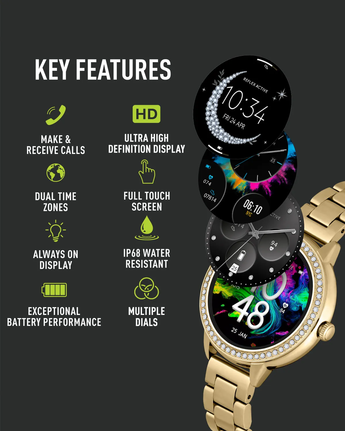 Reflex Active Series 41 Amoled Stone Set Gold Bracelet Smart Calling Watch