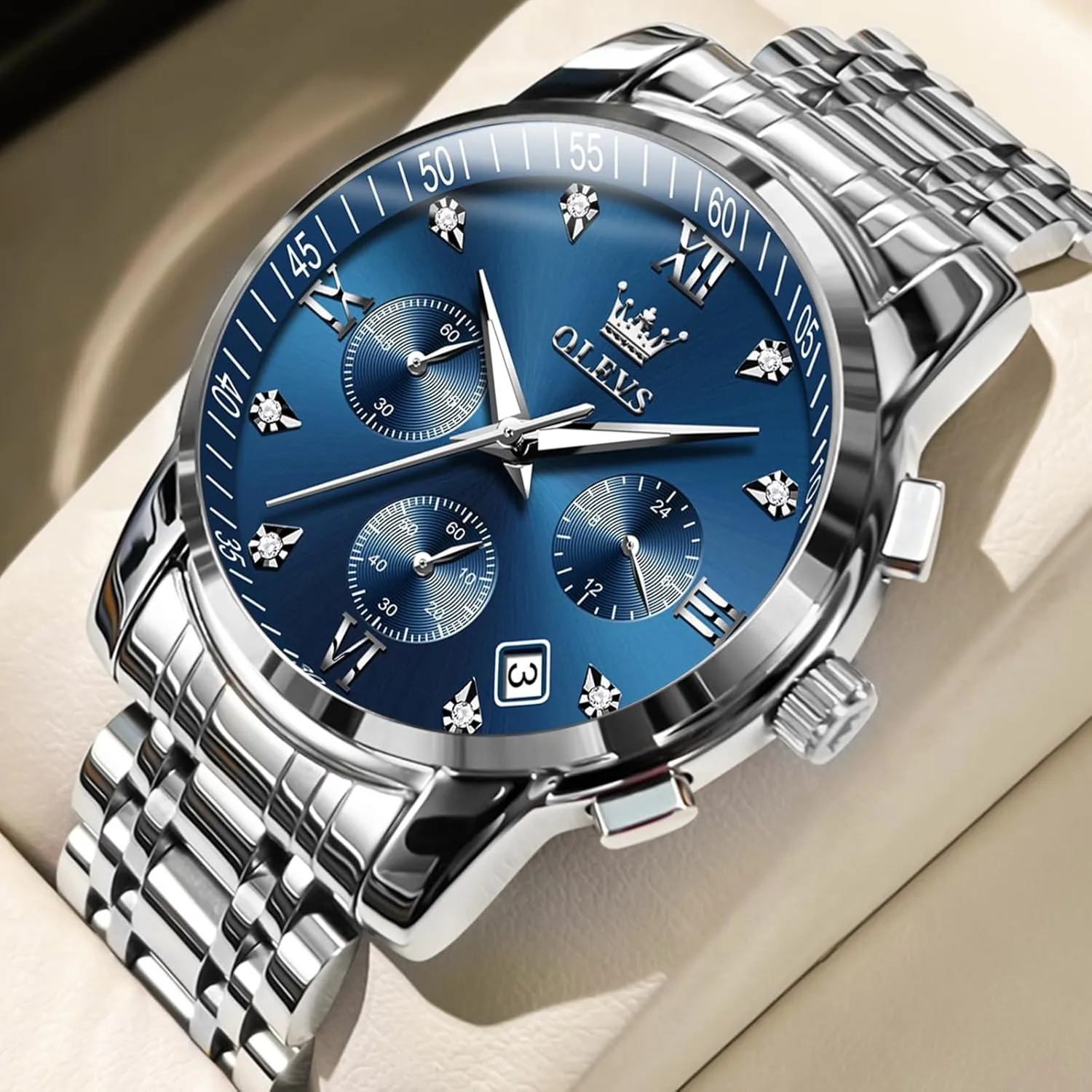 Relojes De Hombre Calendar(Green/Blue/Black Dial OLEVS Watches for Men with stage tiffany Date Luxury Big Face Waterproof Mens Wristwatch Analog Dress Two Tone Stainless Steel Man Watch Luminous 