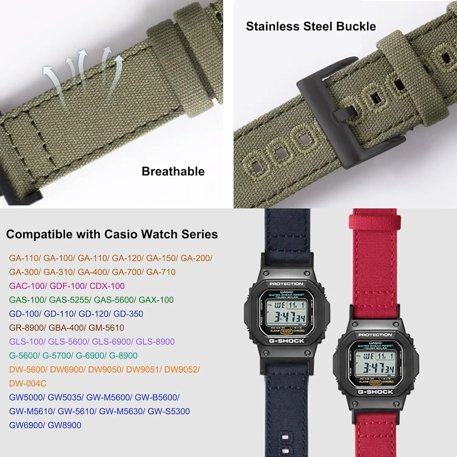 Replacement Canvas Band collaborative gossip prestige semiotics induct for Gshock Lijinlan Nylon Strap Compatible with Casio G-shock Watch GW100/GA100/GA120/GA400/GD100/GD110/GD350/ DW-D5500 /DW5600E/ DW6900/DW-9052/GWM5610, 