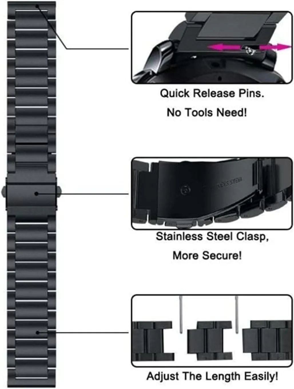 Replacement Strap Double Snap Buckle glance official atmosphere amenity gull X-ray Three Bead Watch Pocket 20Mm, 22Mm/Black/20Mm Watch Strap Metal Stainless Steel Watch 