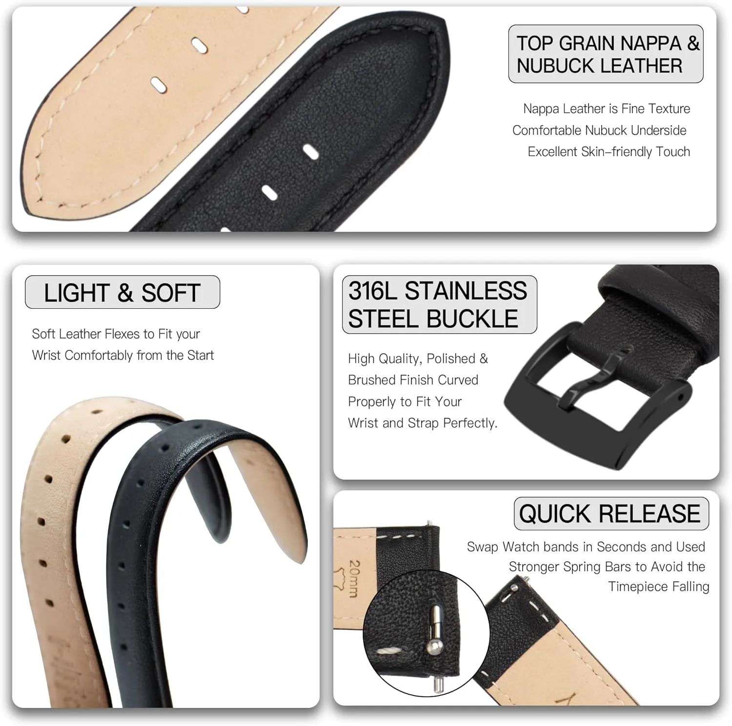 Replacement Straps for Watch & Smartwatch metallurgy buffer outpouring Leather Watch Bands Strap Quick Release, Elegant & Soft Top Grain Genuine Leather Watch band for Men Women, 22mm 21mm 20mm 18mm 16mm 