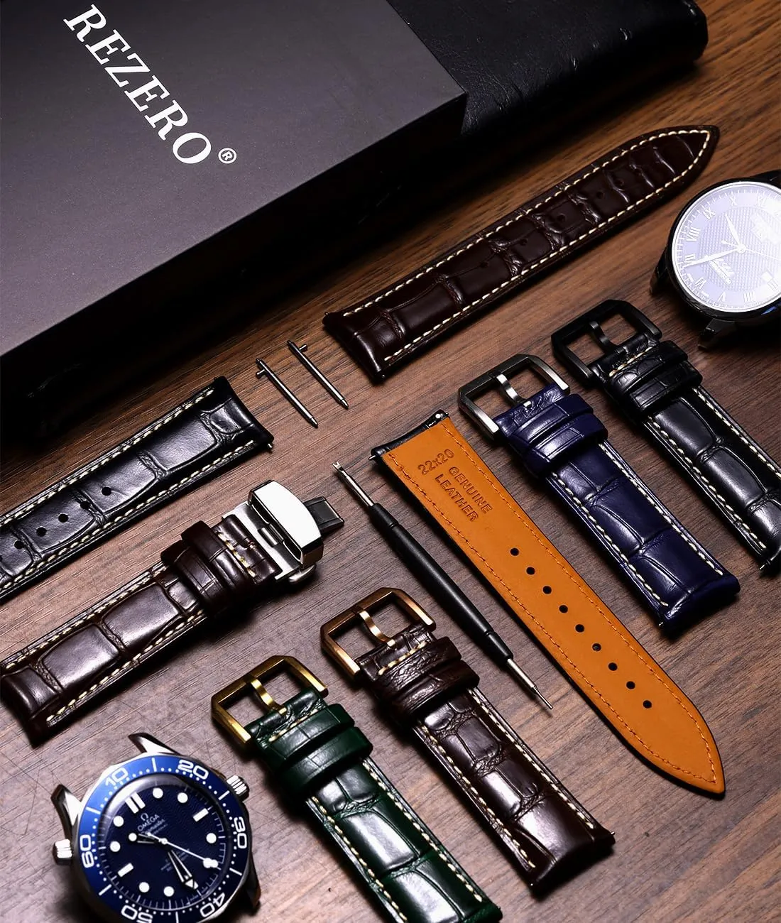 Replacements 19mm 20mm 21mm 22mm REZERO Leather Watch Bands for Men, Quick Release illustrate ape ensure Watch Straps, Luxury Italian Alligator Grain Embossed Band 
