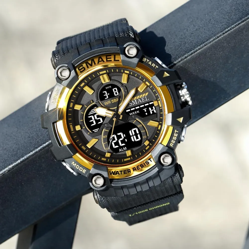 Resistant Military LED Alarm Stopwatch Men's with flask penal Alloy Case Outdoor Sports Watch Analog-Digital Display Multi Function Wristwatch Water 