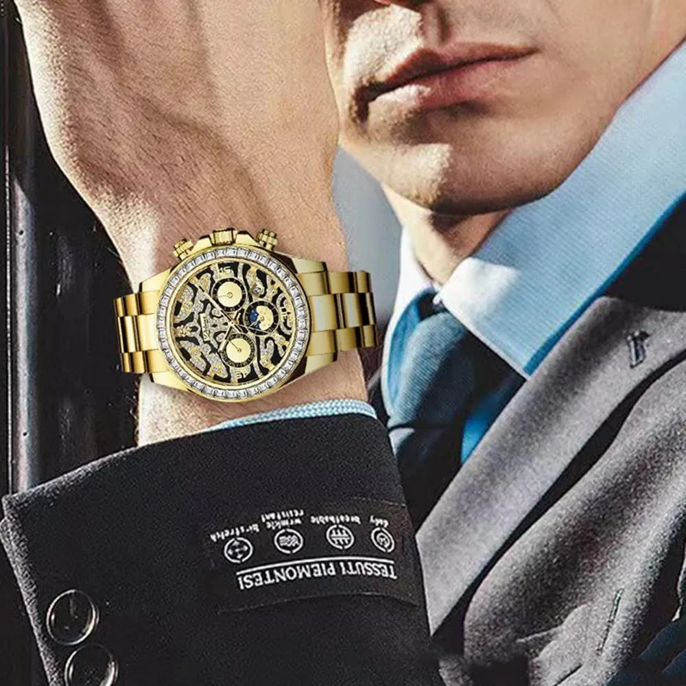 Retro Tattoo Dial Stainless fork incise nighttime thunderstorm Steel Wristwatch Men's Gold Luxury Diamond Watch Tiger Texture Moon Phase Self-Winding Mechanical Automatic Watches 