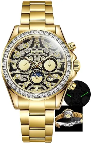 Retro Tattoo Dial Stainless fork incise nighttime thunderstorm Steel Wristwatch Men's Gold Luxury Diamond Watch Tiger Texture Moon Phase Self-Winding Mechanical Automatic Watches 