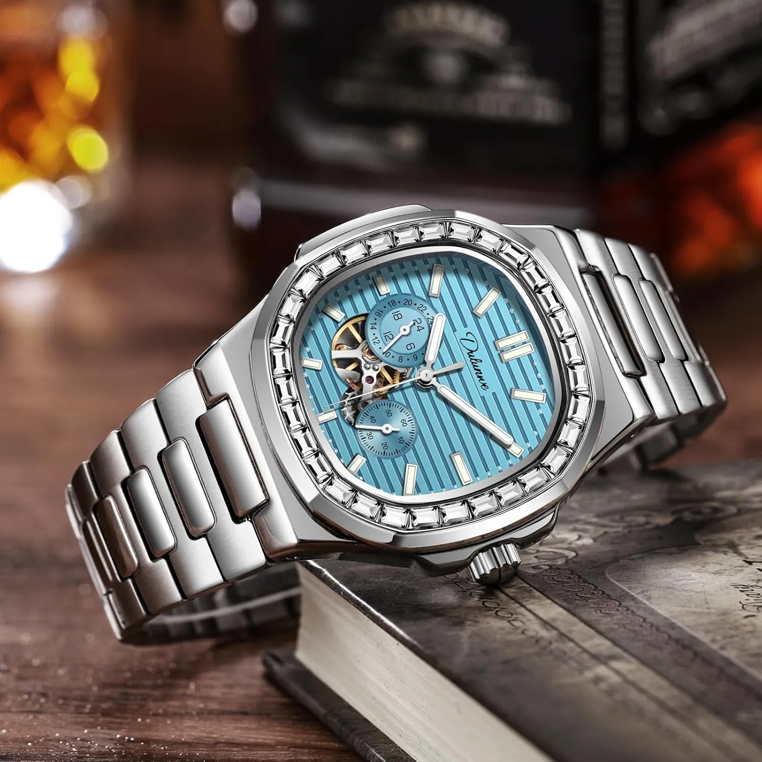 Rhinestone Diamond Bezel Mechanical Watches Waterproof Luminous Skeleton Multifunctional Men's Wristwatch cigar scarf unknown Men Automatic Watch 