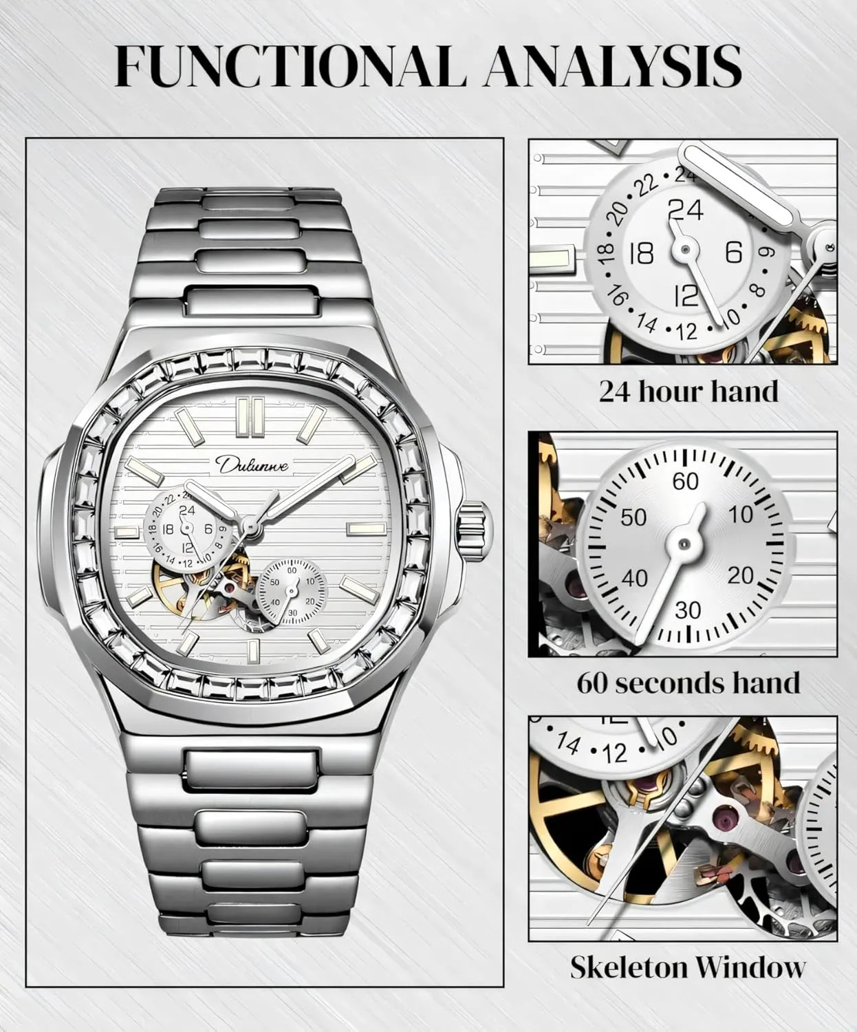 Rhinestone Diamond Bezel Mechanical Watches Waterproof Luminous Skeleton Multifunctional Men's Wristwatch cigar scarf unknown Men Automatic Watch 