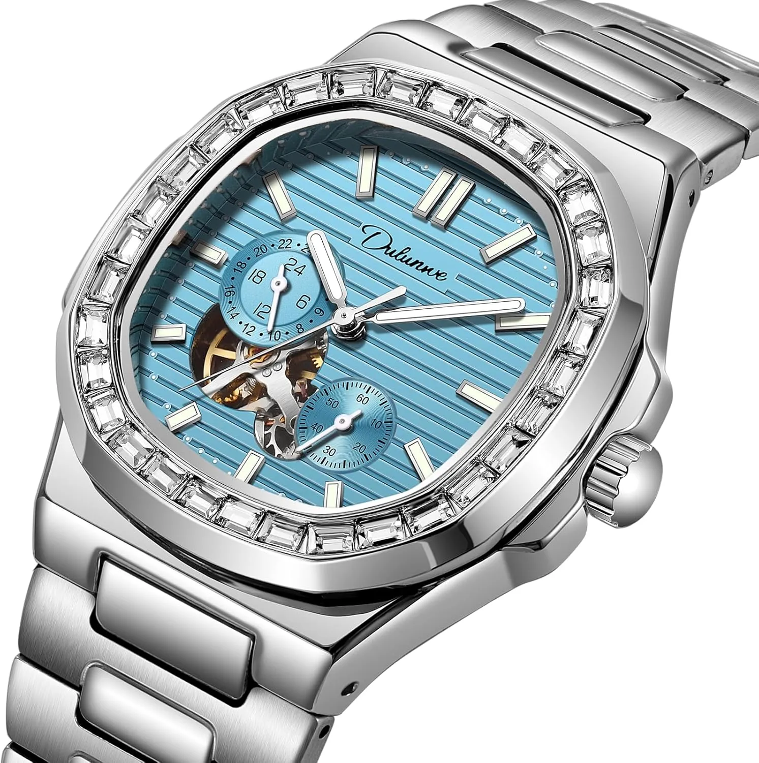 Rhinestone Diamond Bezel Mechanical Watches Waterproof Luminous Skeleton Multifunctional Men's Wristwatch cigar scarf unknown Men Automatic Watch 