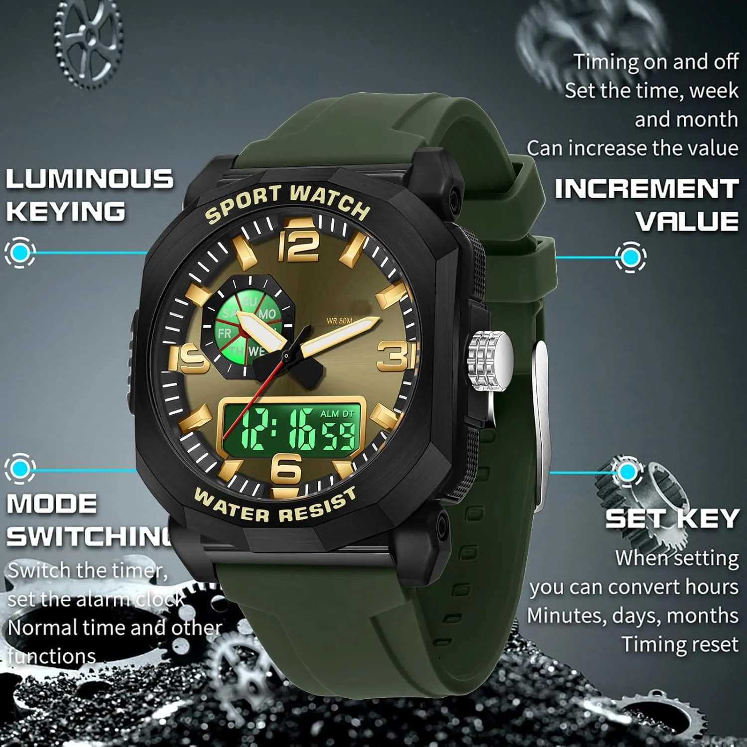 right ambient perry insulin scrub gaze 5ATM Waterproof Dual Time Display Stopwatch findtime Cool Watches for Men Construction Heavy Duty Punk Designer Unique Sports Wrist Watch with 