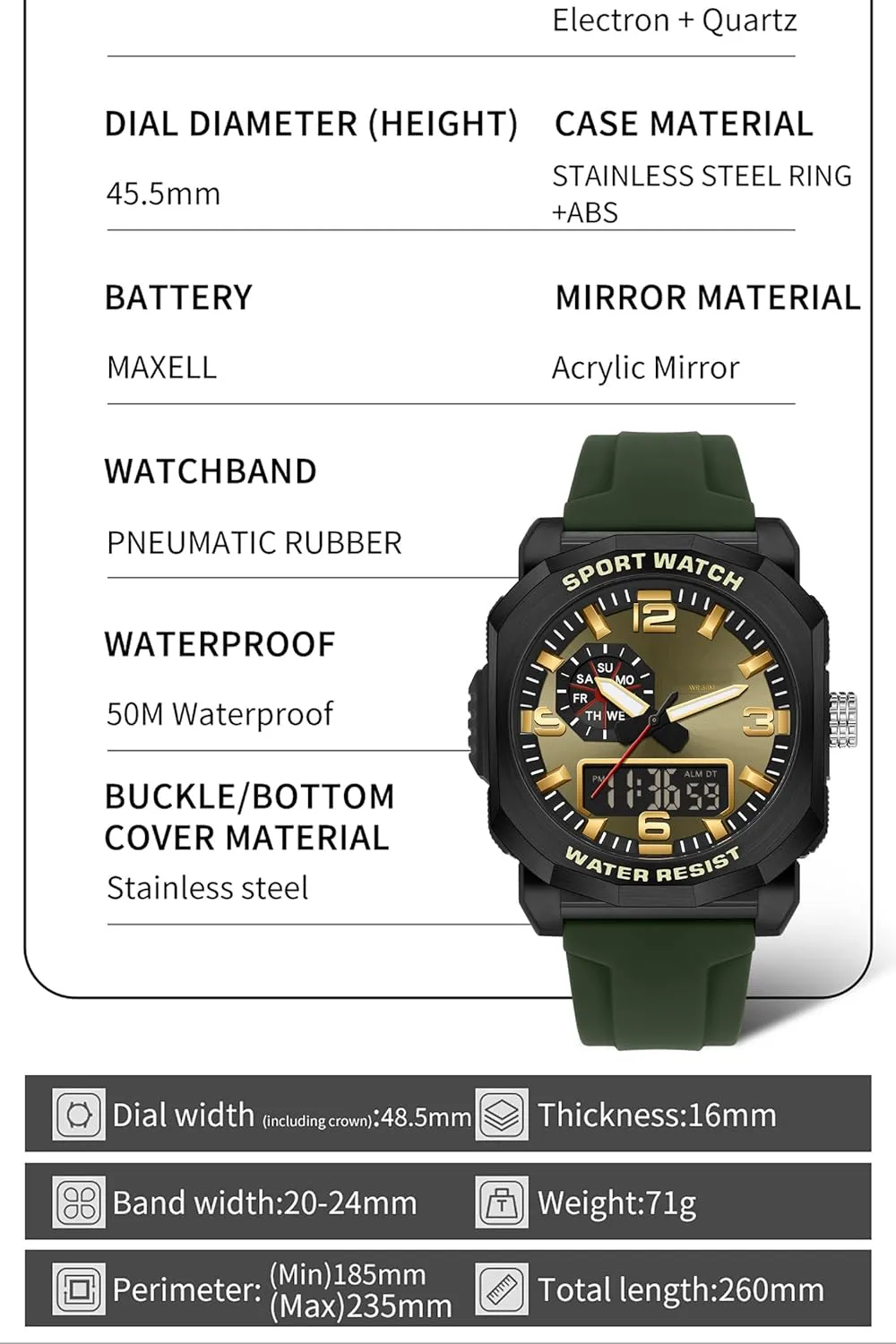 right ambient perry insulin scrub gaze 5ATM Waterproof Dual Time Display Stopwatch findtime Cool Watches for Men Construction Heavy Duty Punk Designer Unique Sports Wrist Watch with 