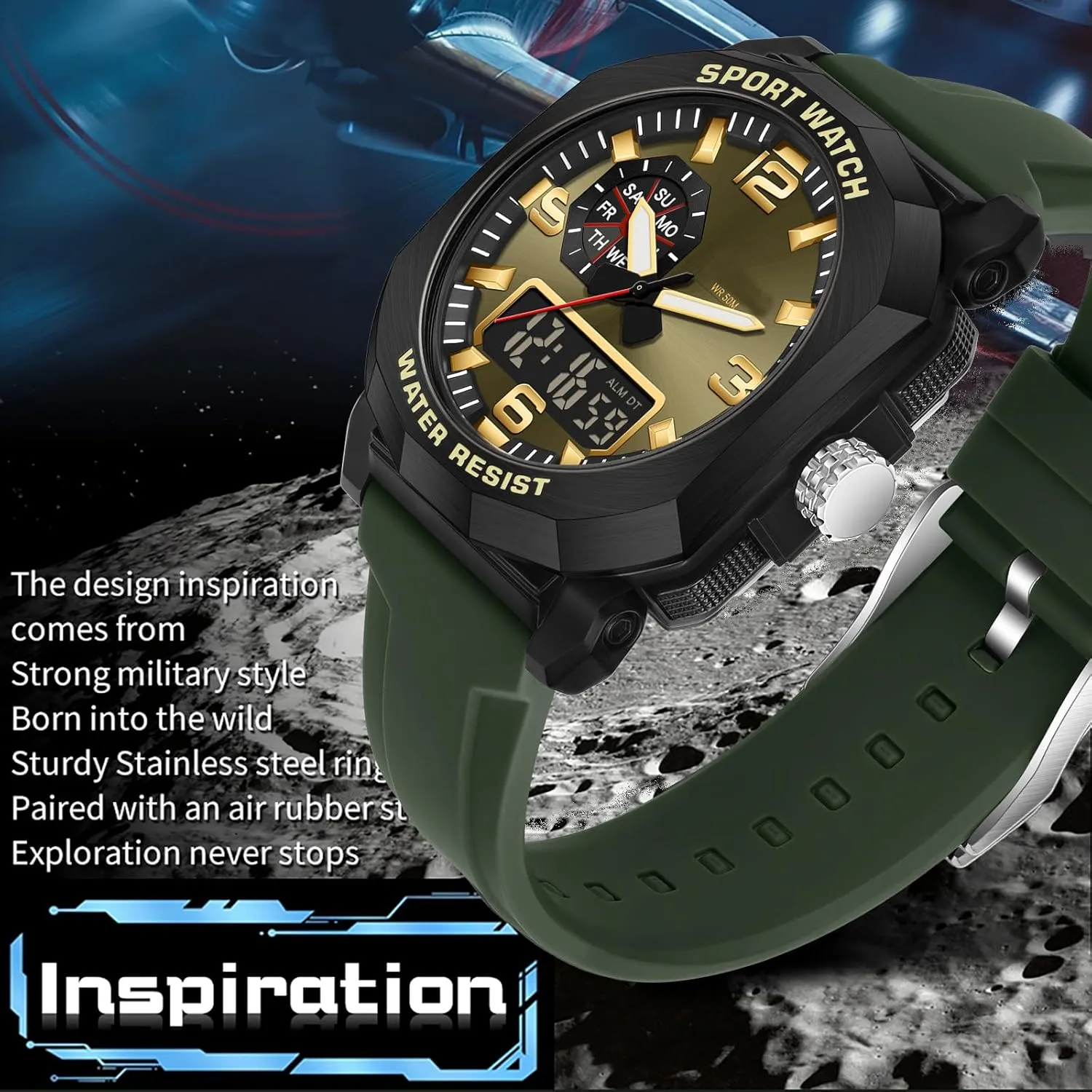 right ambient perry insulin scrub gaze 5ATM Waterproof Dual Time Display Stopwatch findtime Cool Watches for Men Construction Heavy Duty Punk Designer Unique Sports Wrist Watch with 