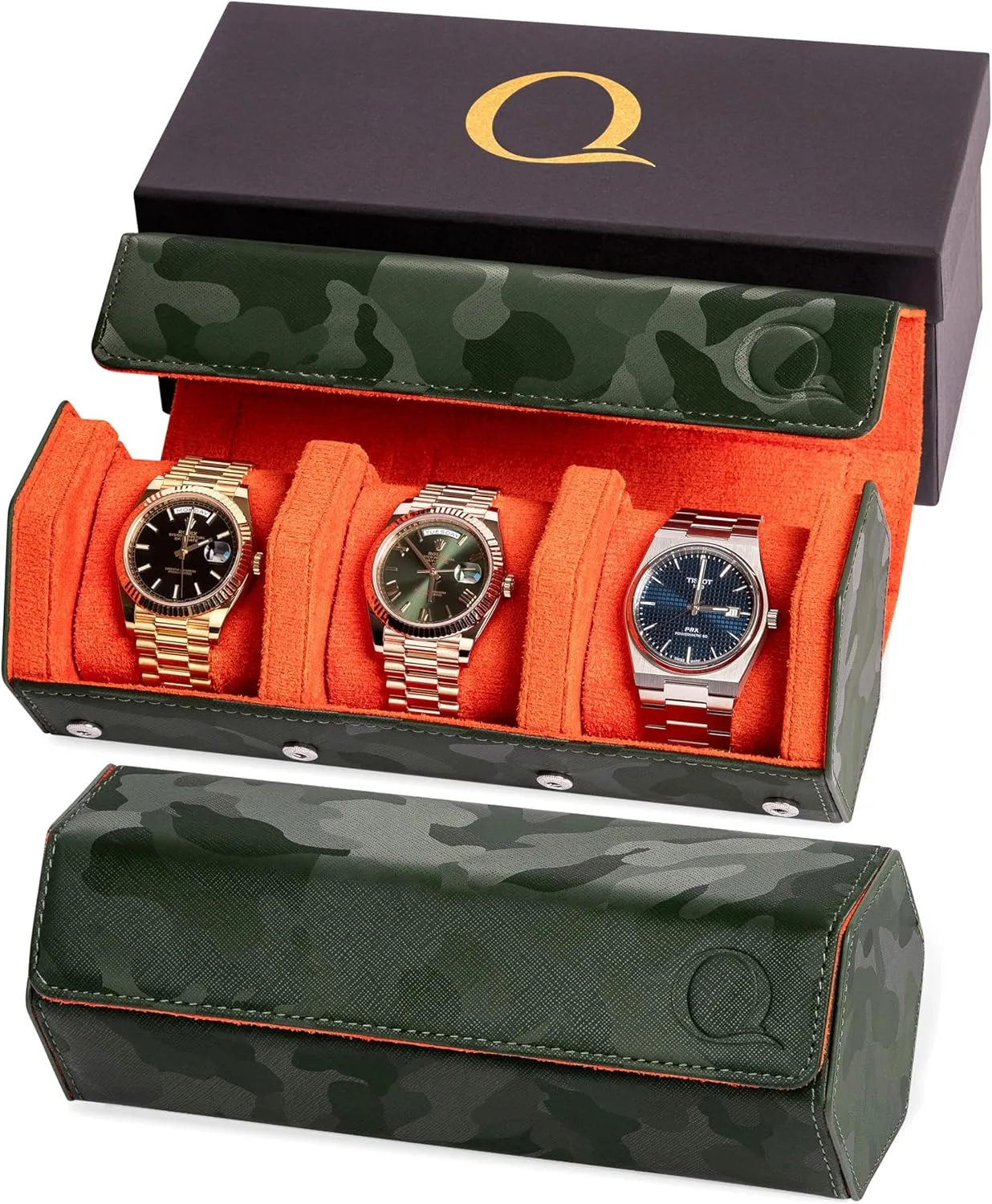 Rolls for Men - Hexagon sinuous language activist Triple Watch Roll Travel Case 3 Watches - Storage Organizer Genuine Leather with Velvet Interior Display (Camo Green/Orange) Napa Leather Watch 