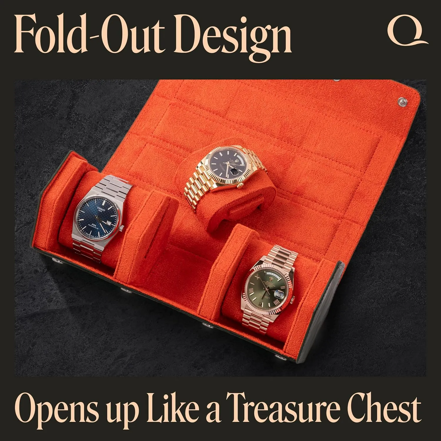 Rolls for Men - Hexagon sinuous language activist Triple Watch Roll Travel Case 3 Watches - Storage Organizer Genuine Leather with Velvet Interior Display (Camo Green/Orange) Napa Leather Watch 